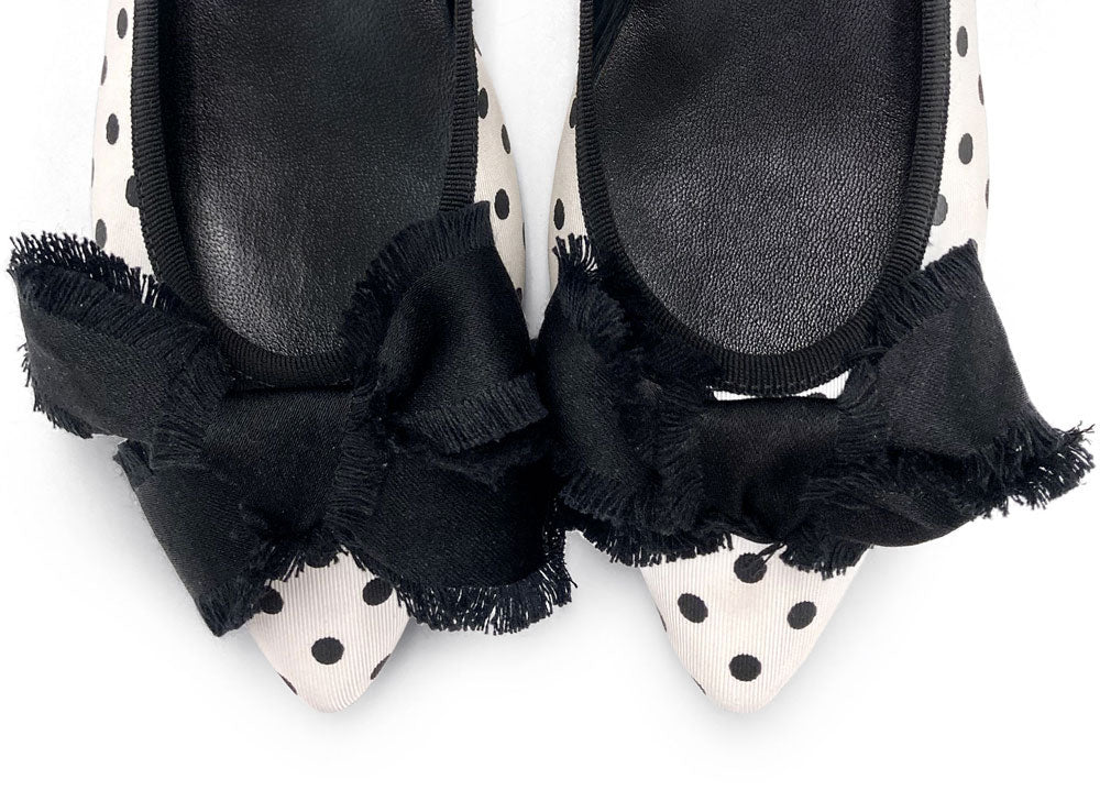 Black and white polka dot fabric ballet flats with bow