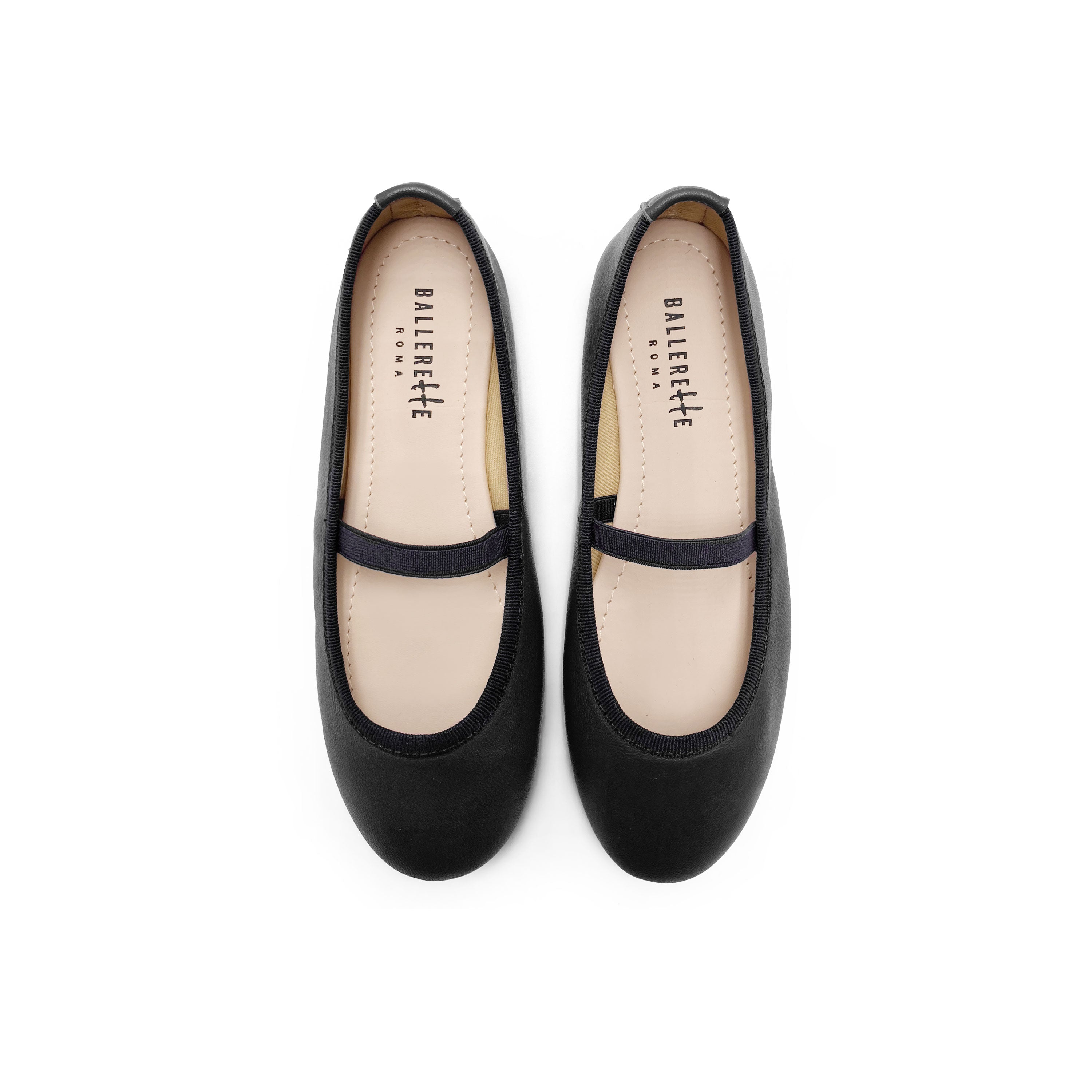Black leather girls ballet flats with elastic band