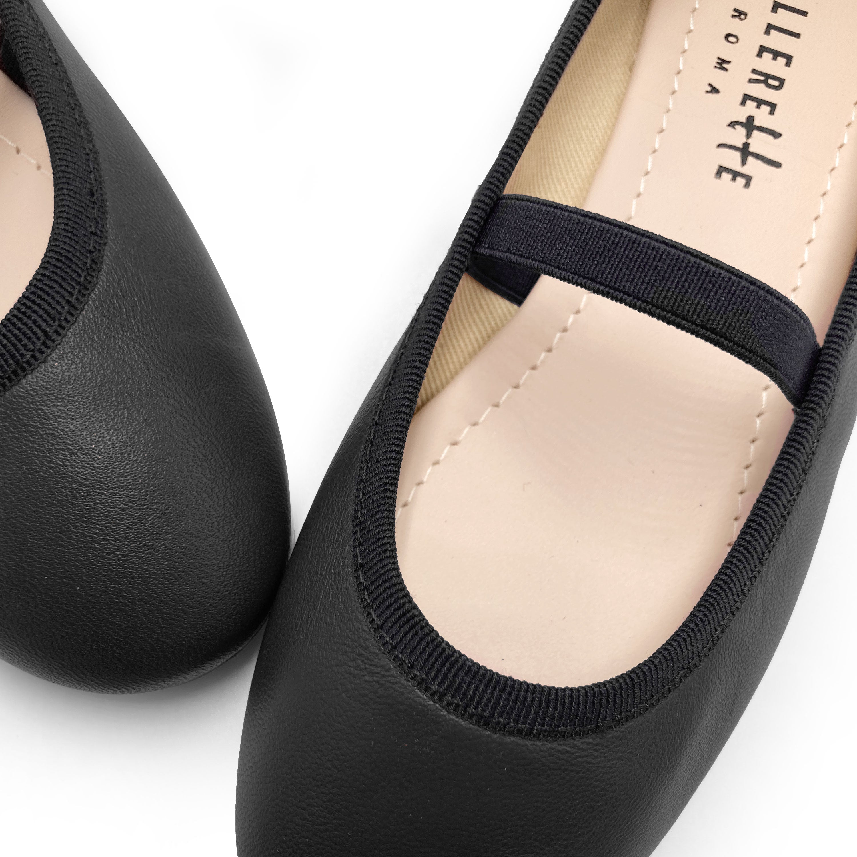 Black leather girls ballet flats with elastic band