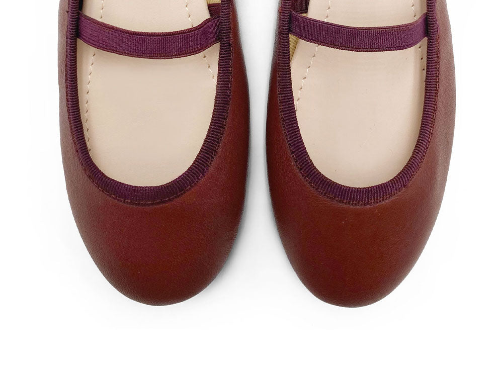 Burgundy leather girls ballet flats with elastic band