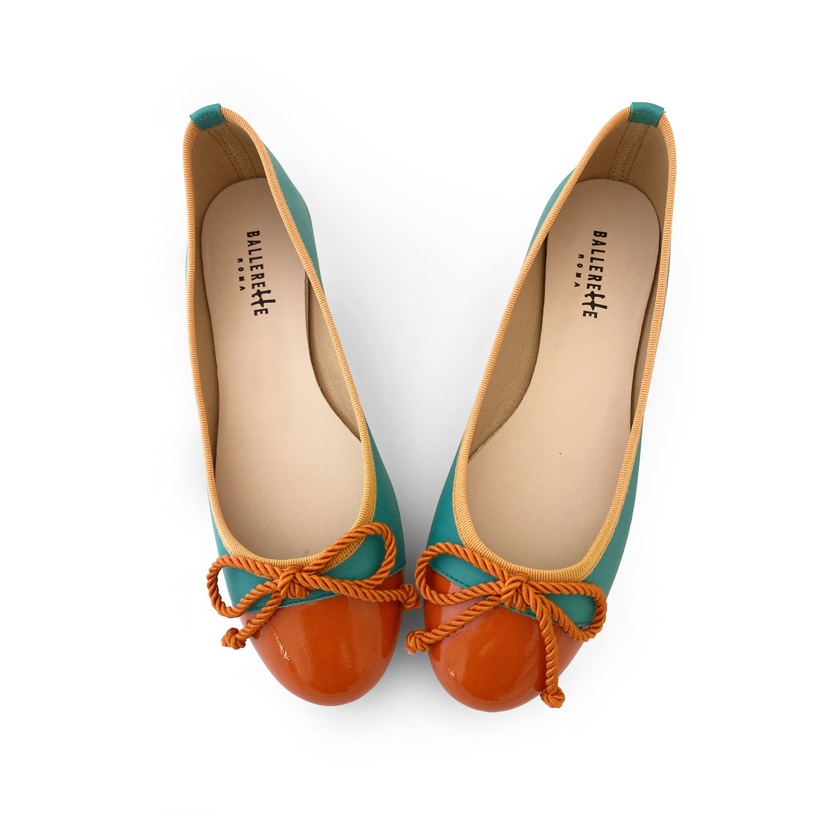 Ballerine in pelle petrolio con punta e fiocco arancioni
