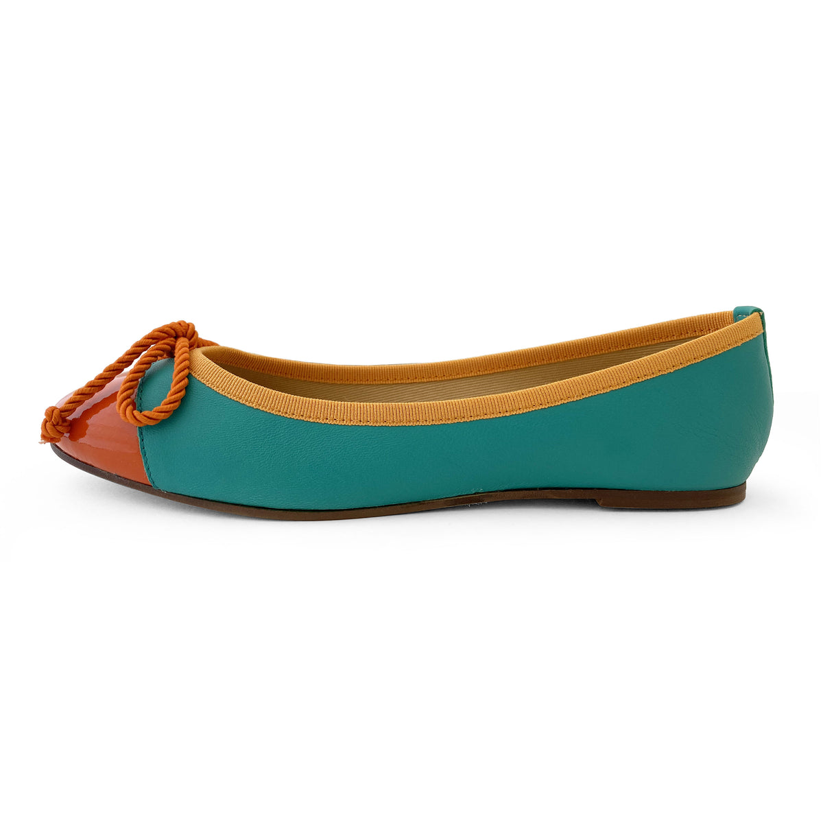 Ballerine in pelle petrolio con punta e fiocco arancioni