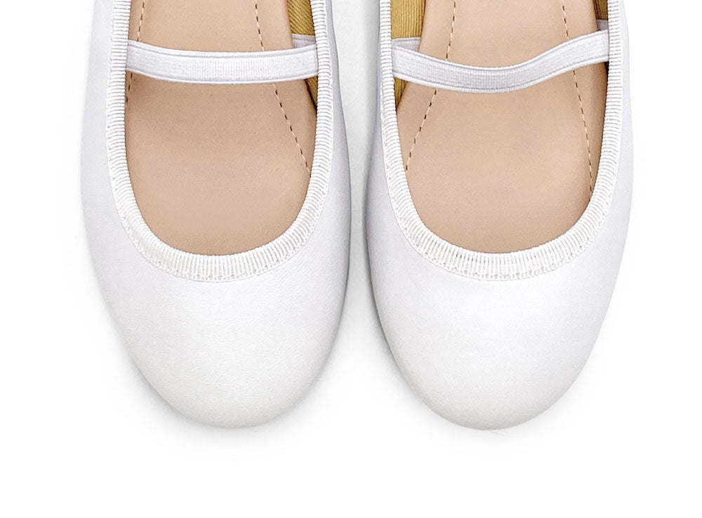 White leather girls ballet flats with elastic band