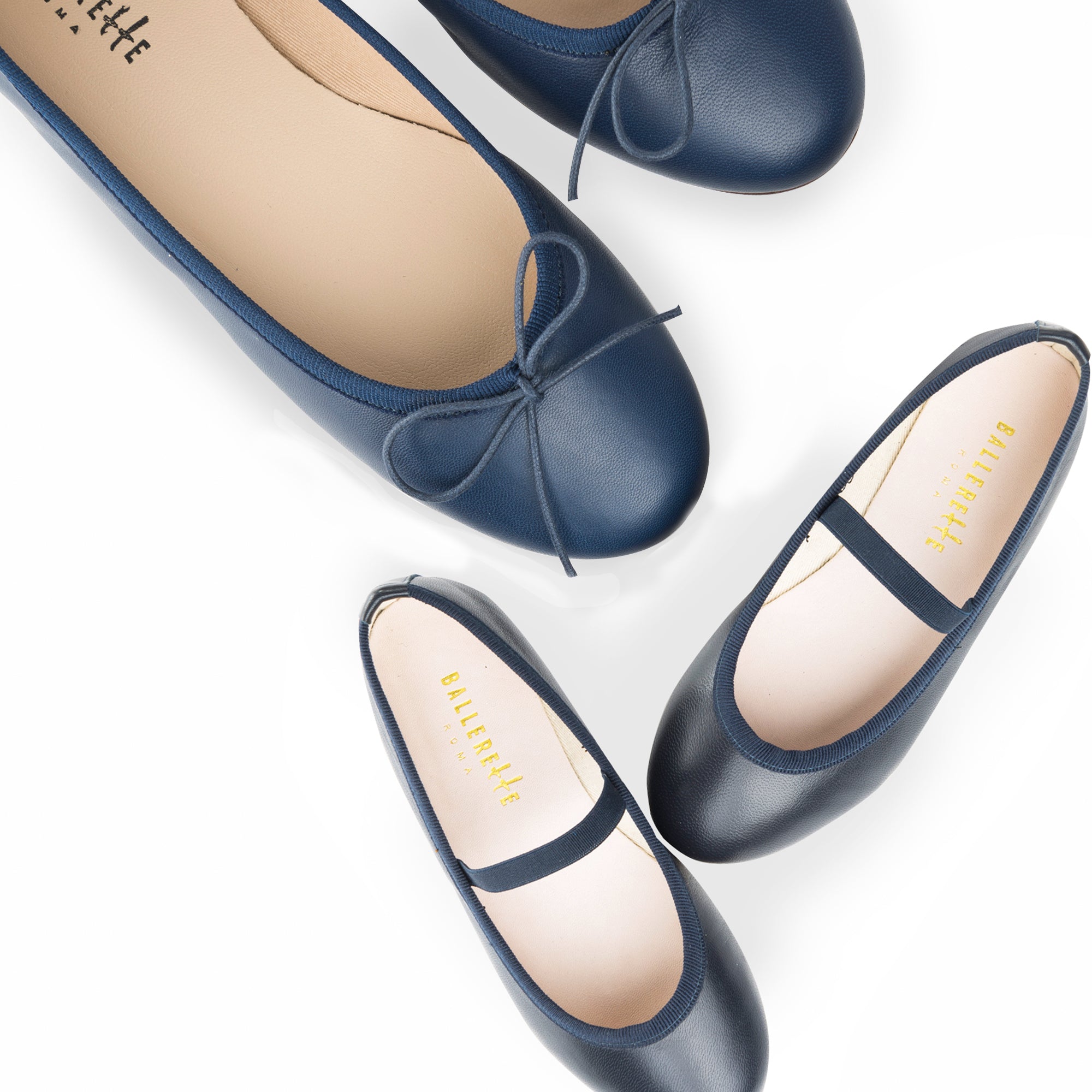 Blue leather girls ballet flats with elastic band