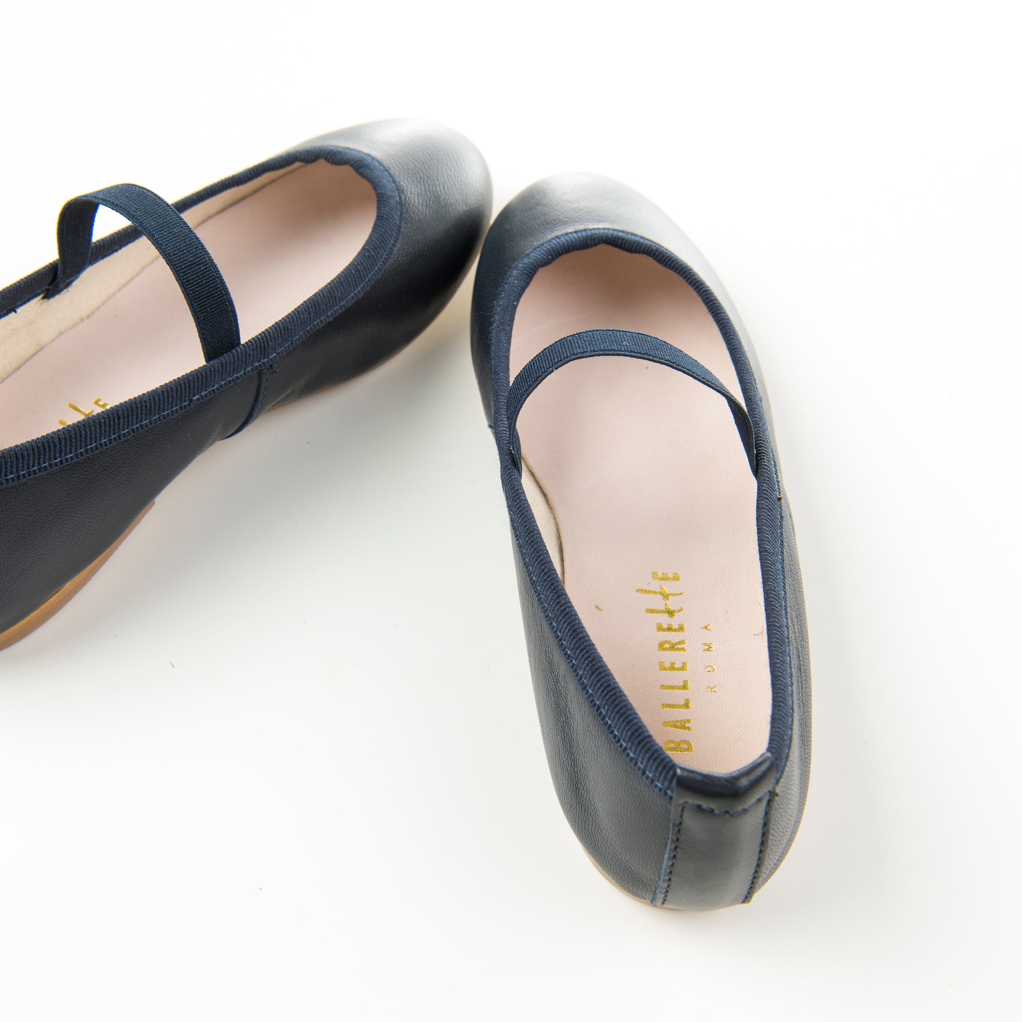 Blue leather girls ballet flats with elastic band
