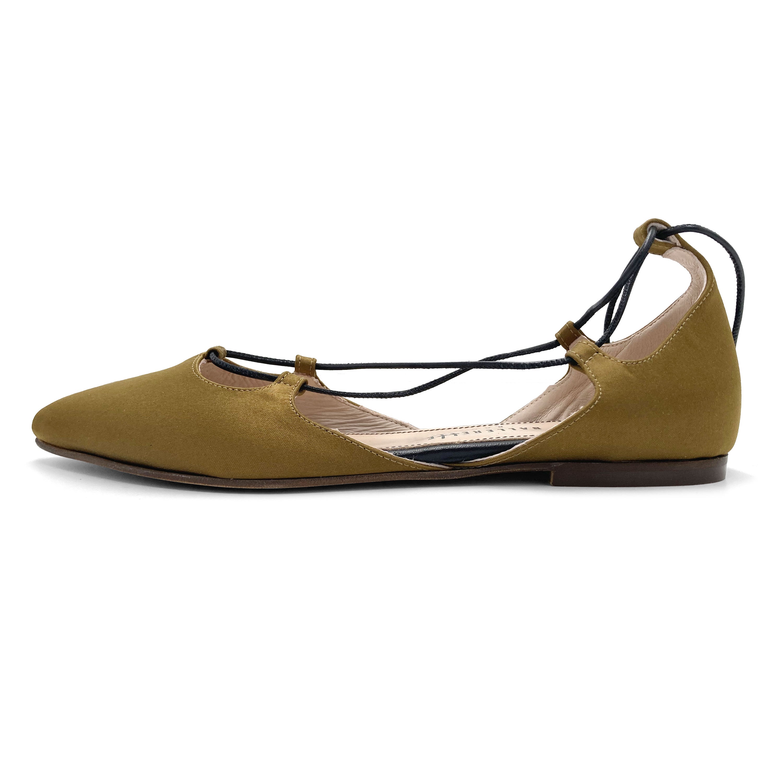 TT GO GREEN COLLECTION - Mustard lace-up ballet flats in eco-friendly satin