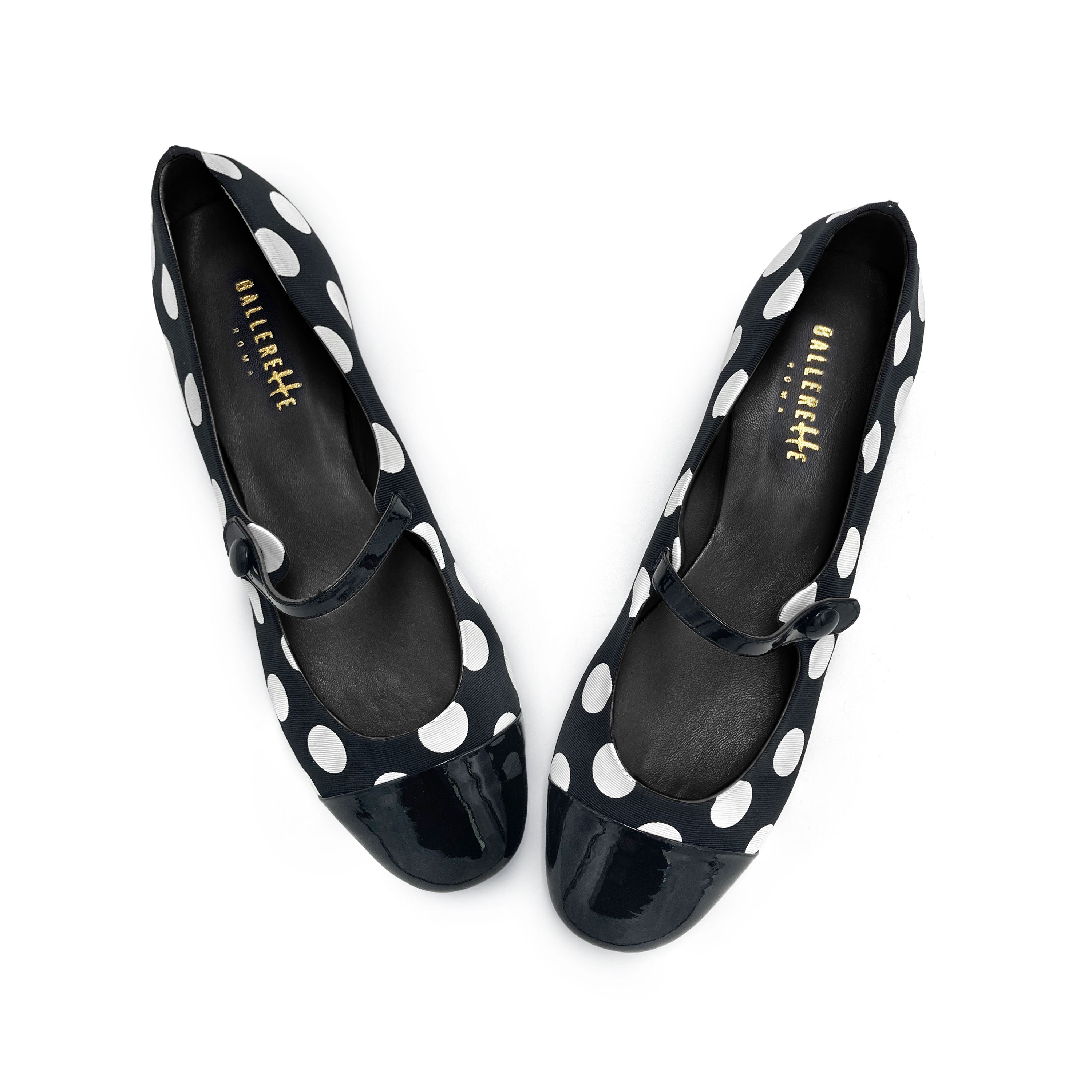 Black and white polka dot Mary Jane ballet flats in fabric