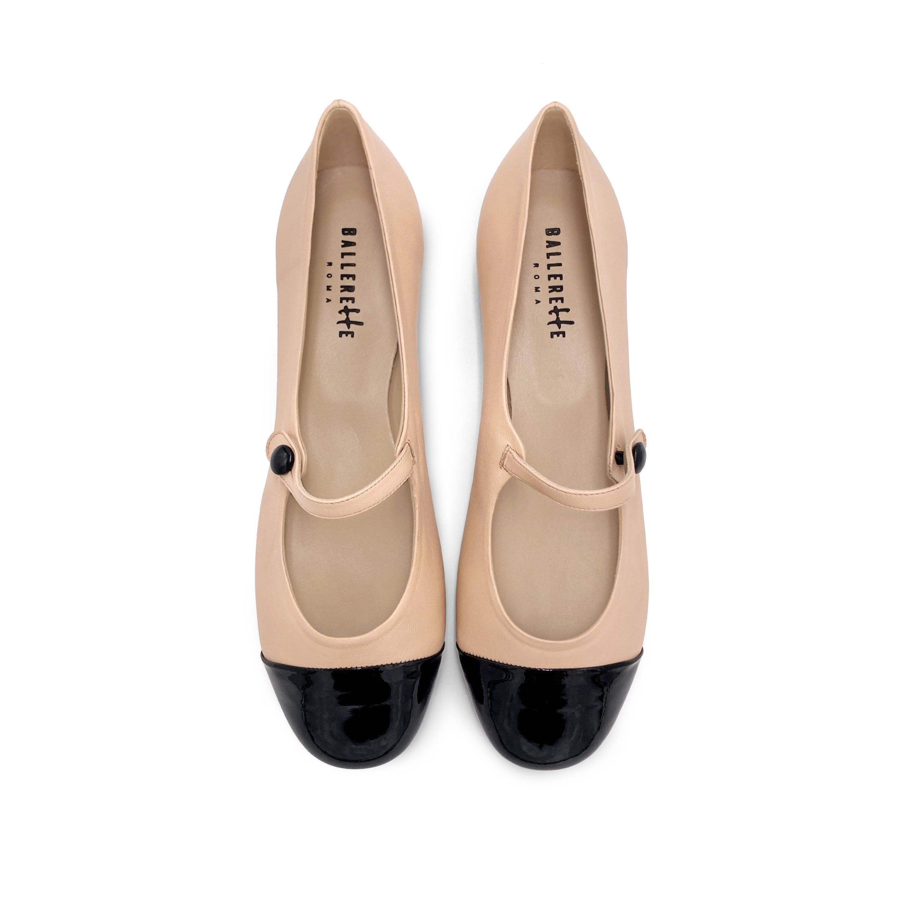 Powder pink leather ballet flats with patent leather strap and toe