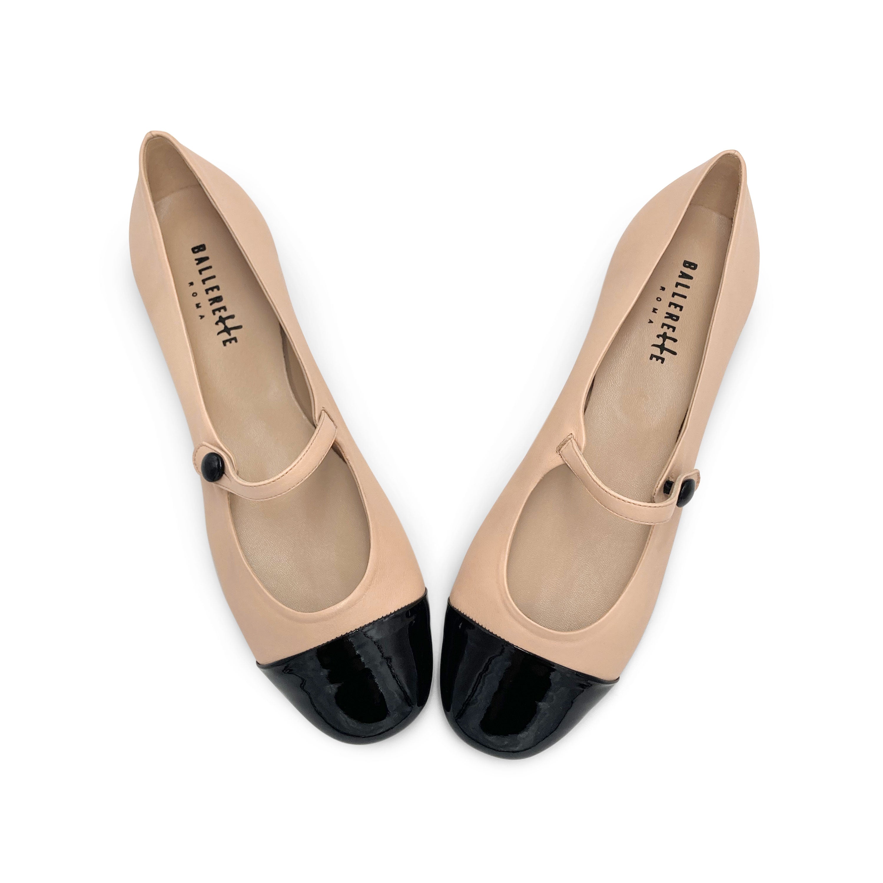 Powder pink leather ballet flats with patent leather strap and toe