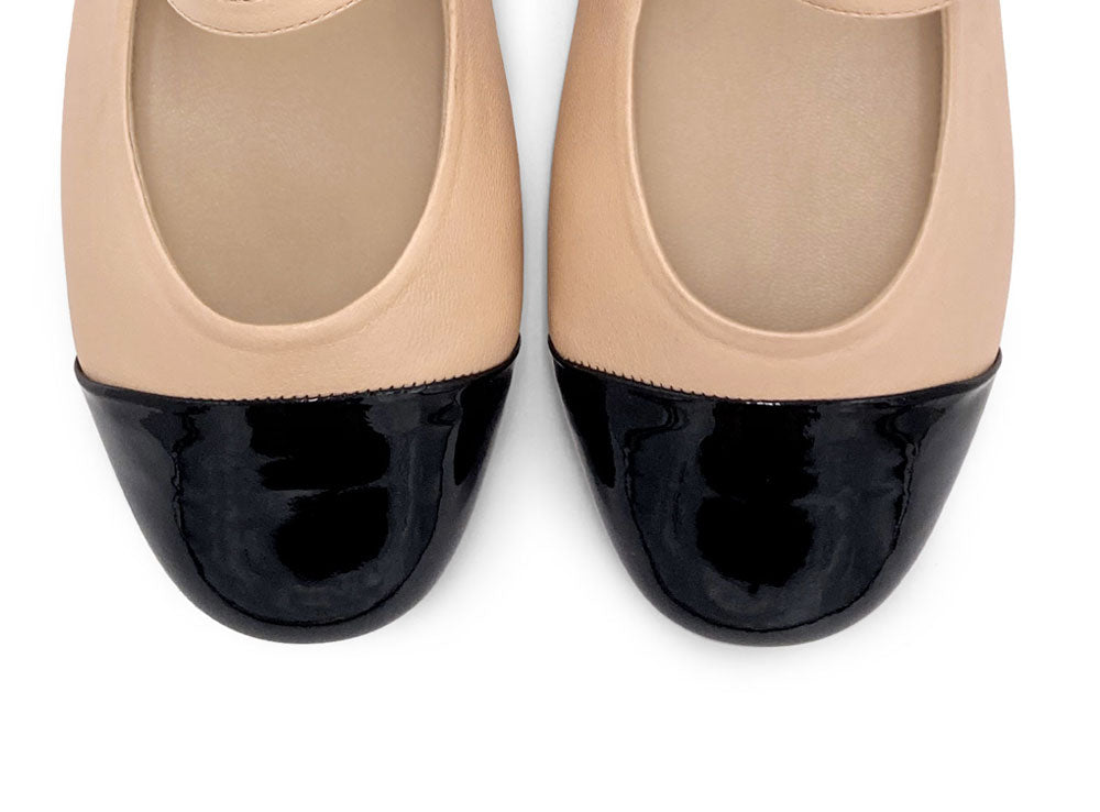 Powder pink leather ballet flats with patent leather strap and toe