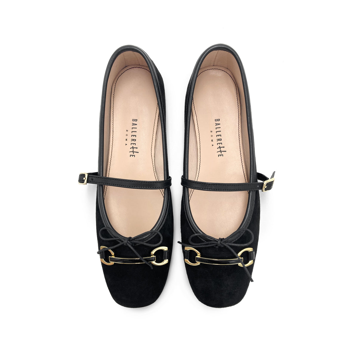 Black suede Mary Jane ballet flats with a metal clasp