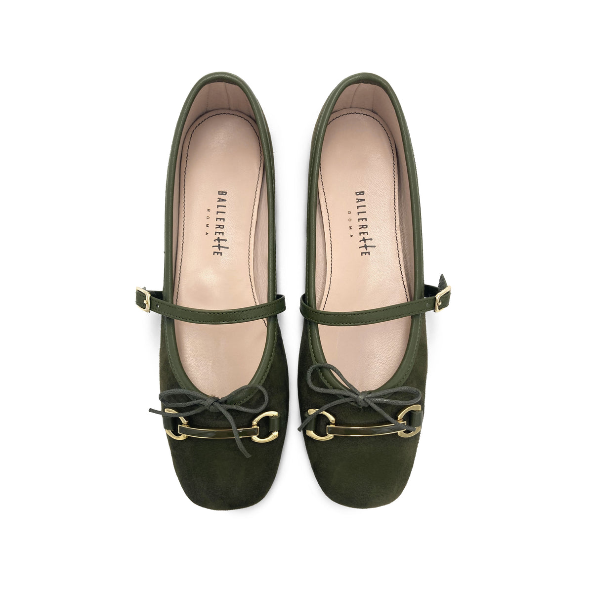 Green suede Mary Jane ballet flats with a metal clasp