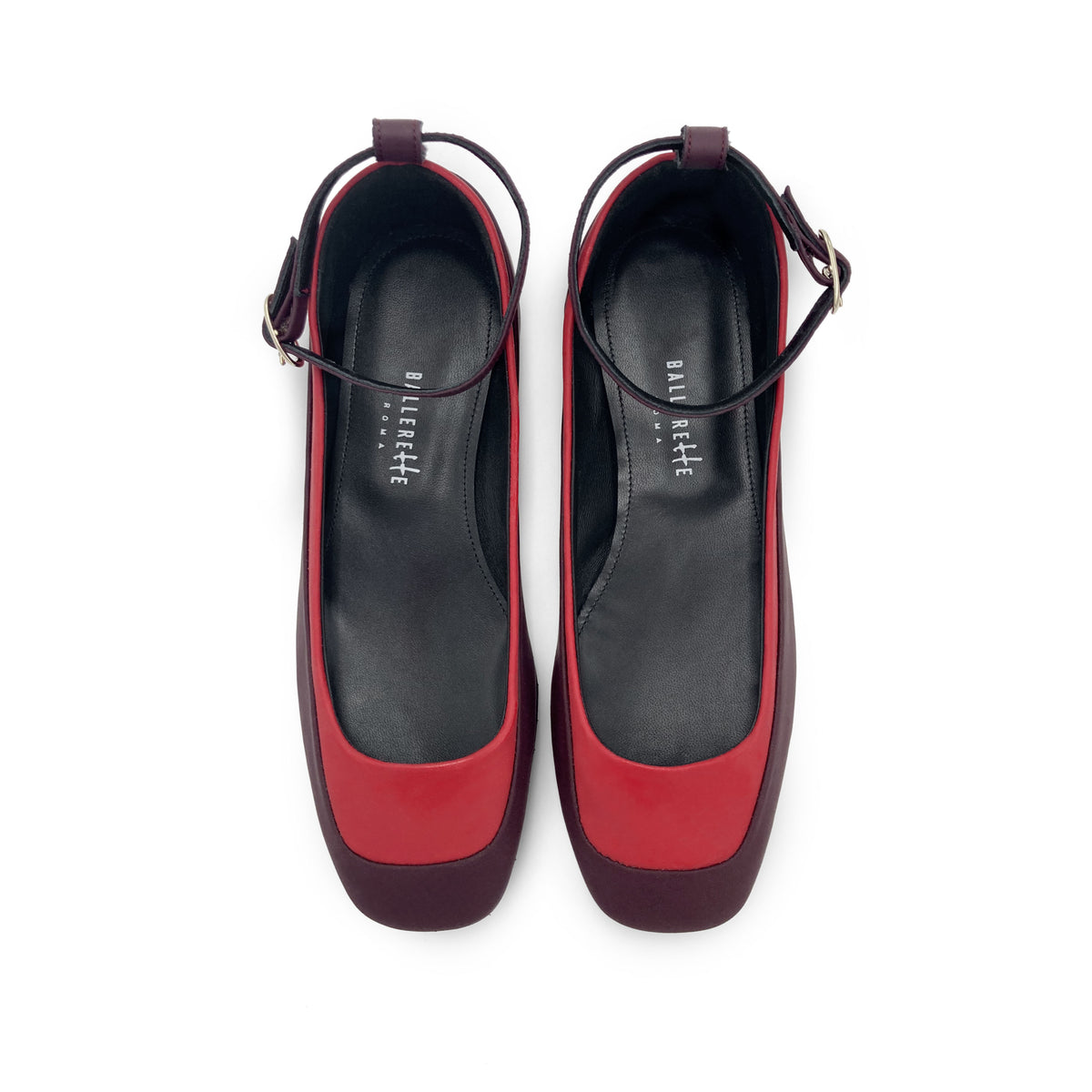 Ballerine in materiale gommato bicolor rosso e bordeaux con cinturino alla caviglia