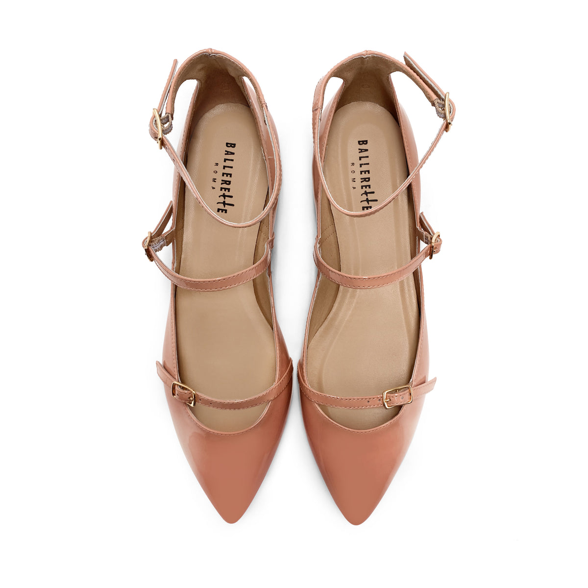 Ballerines à brides en cuir verni rose poudré