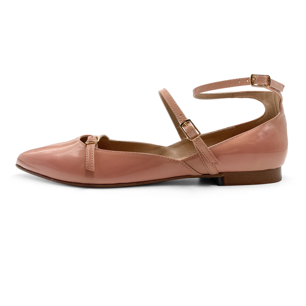 Ballerines à brides en cuir verni rose poudré