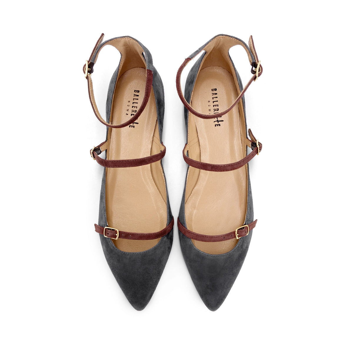 Grey suede pointed ballet flats with chestnut straps