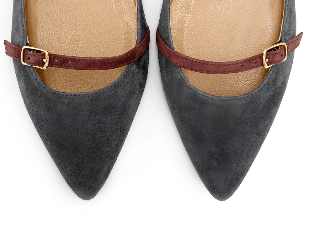 Ballerinas mit spitzer Form aus grauem Wildleder mit kastanienbraunen Riemchen