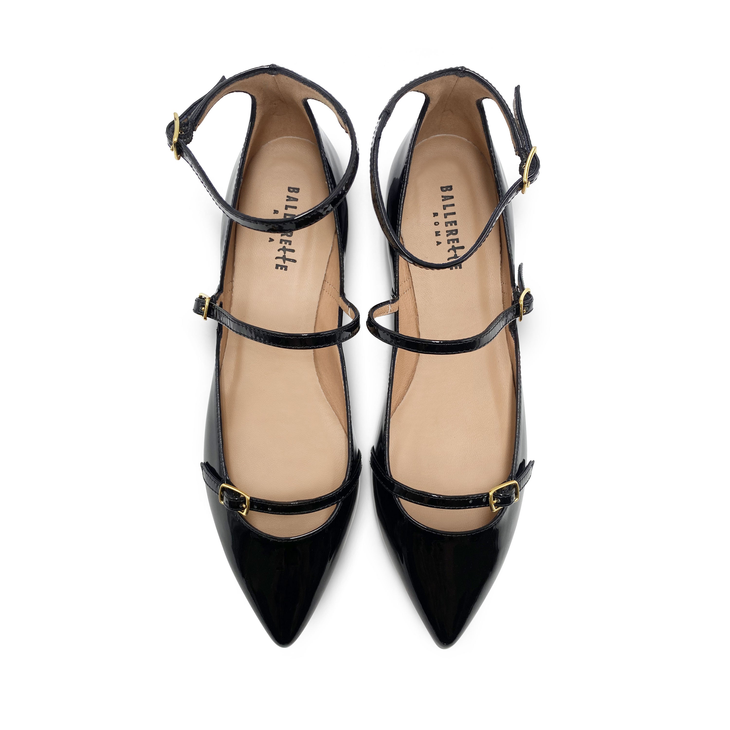 Ballerines en cuir verni noir à brides