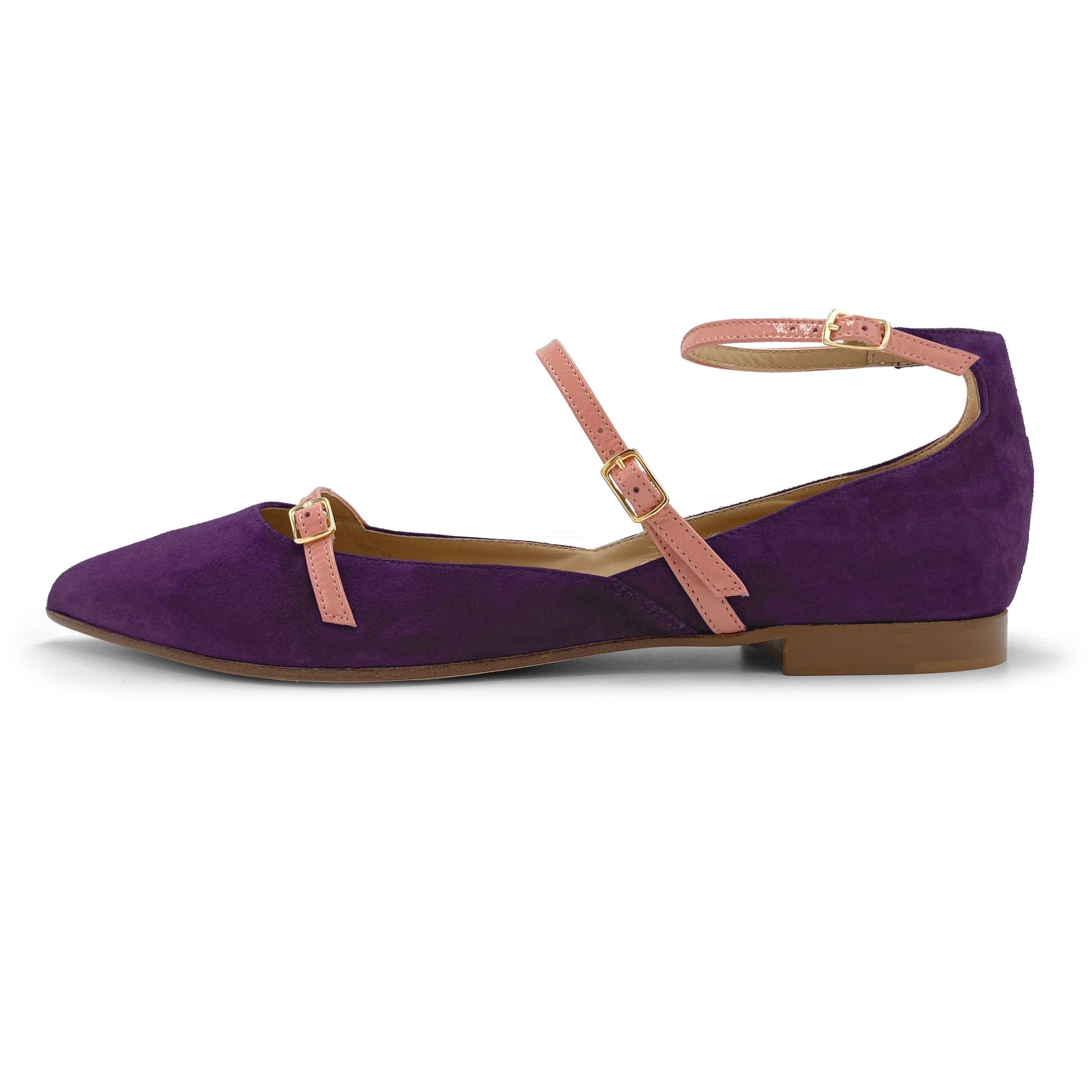 Ballerines pointues en daim violet avec brides roses