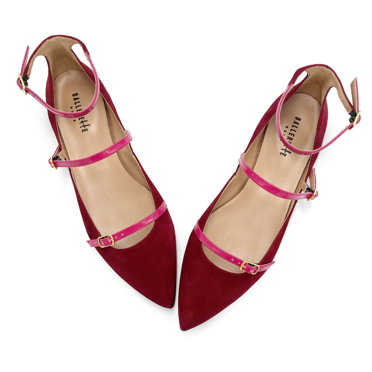 Ballerine a punta bordeaux in camoscio con cinturini fucsia