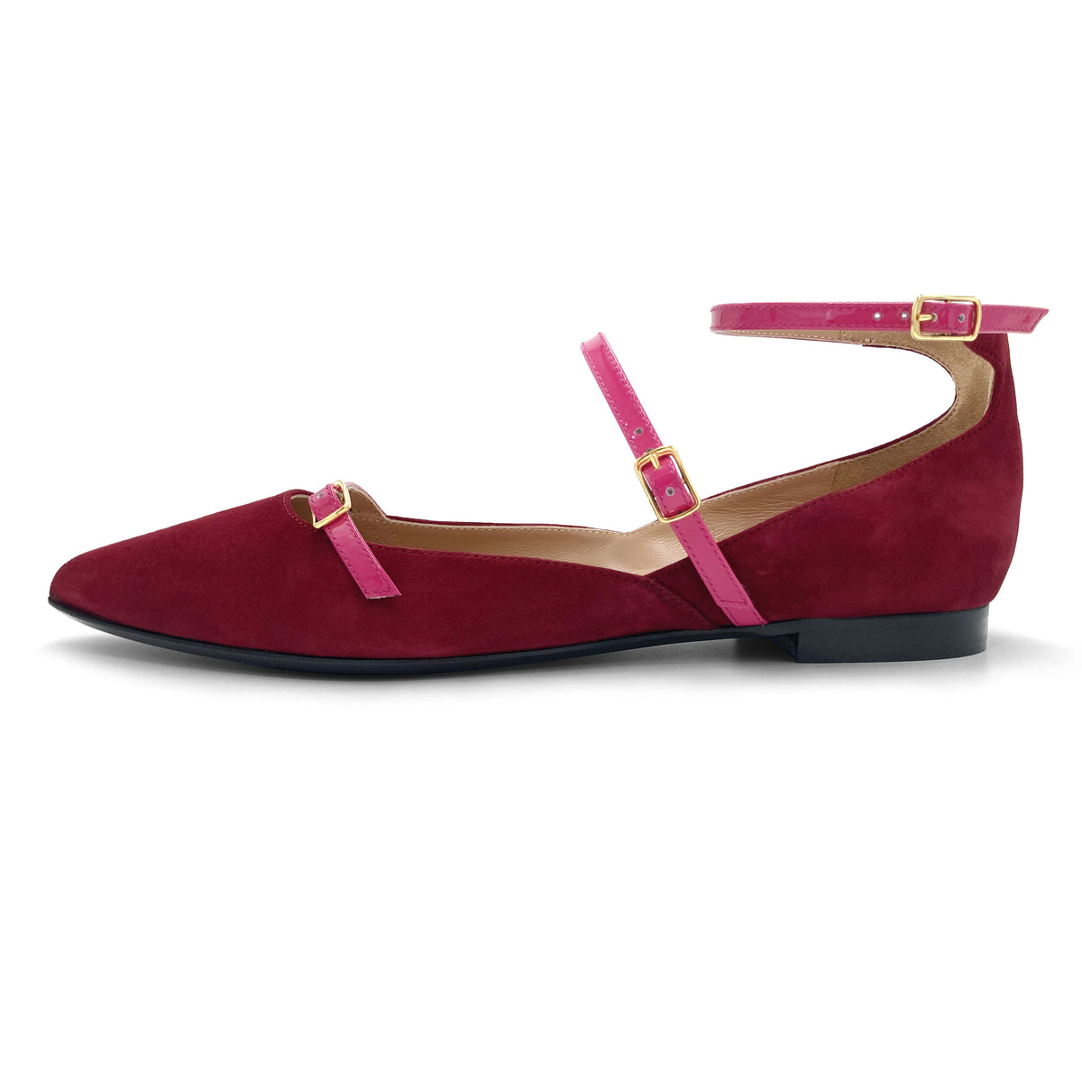Bordeaux suede pointed-toe ballet flats with fuchsia straps