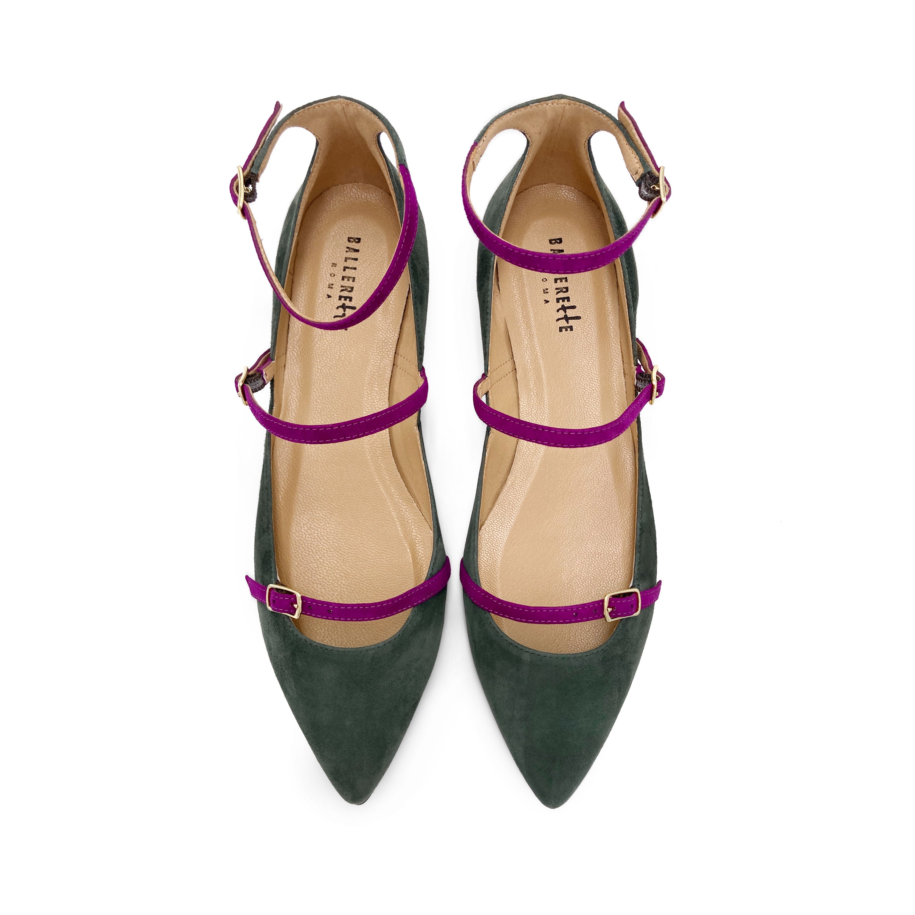 Green suede pointed ballet flats with peony straps