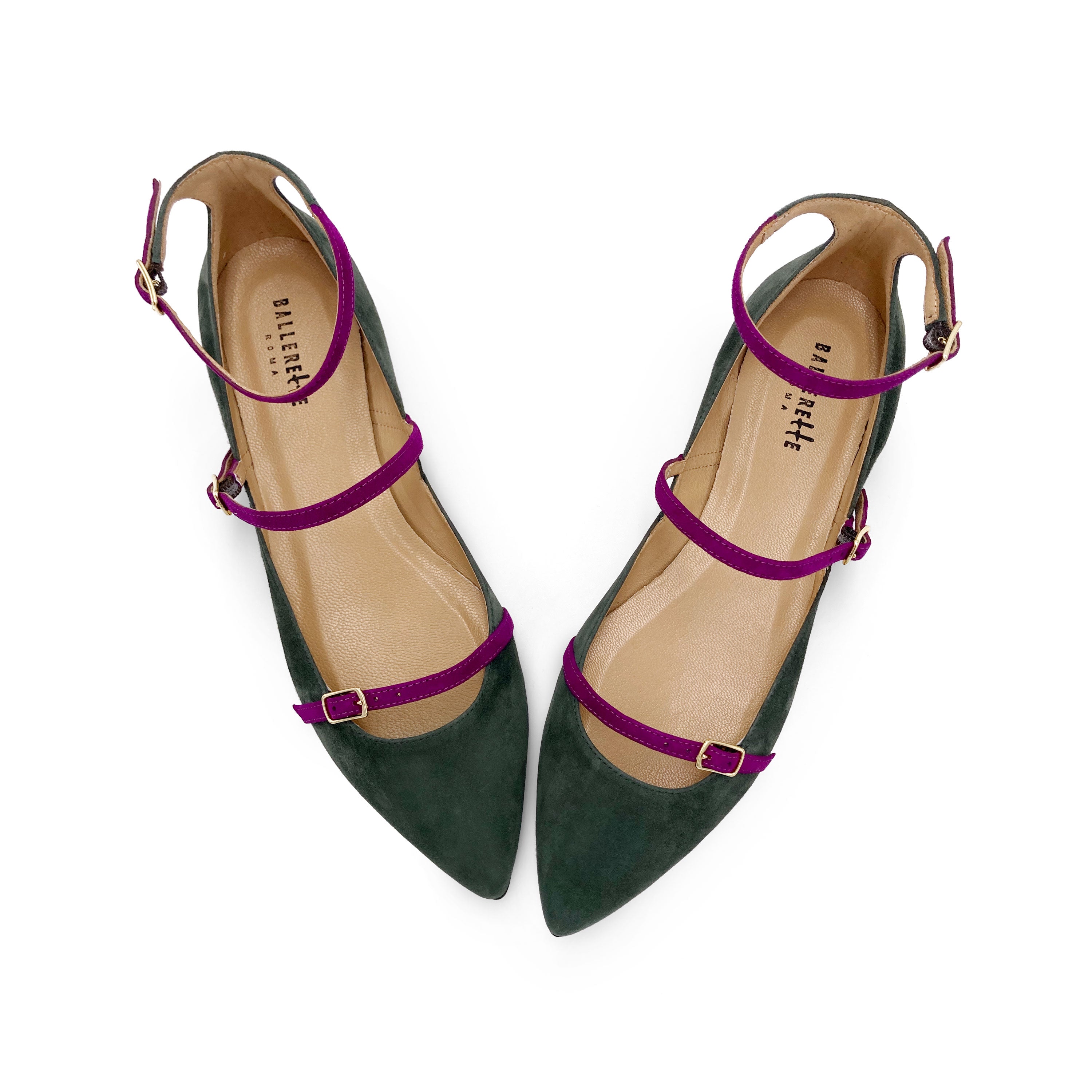 Green suede pointed ballet flats with peony straps
