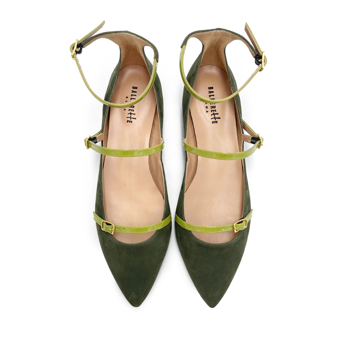 Ballerine a punta verde oliva in camoscio con cinturini lime