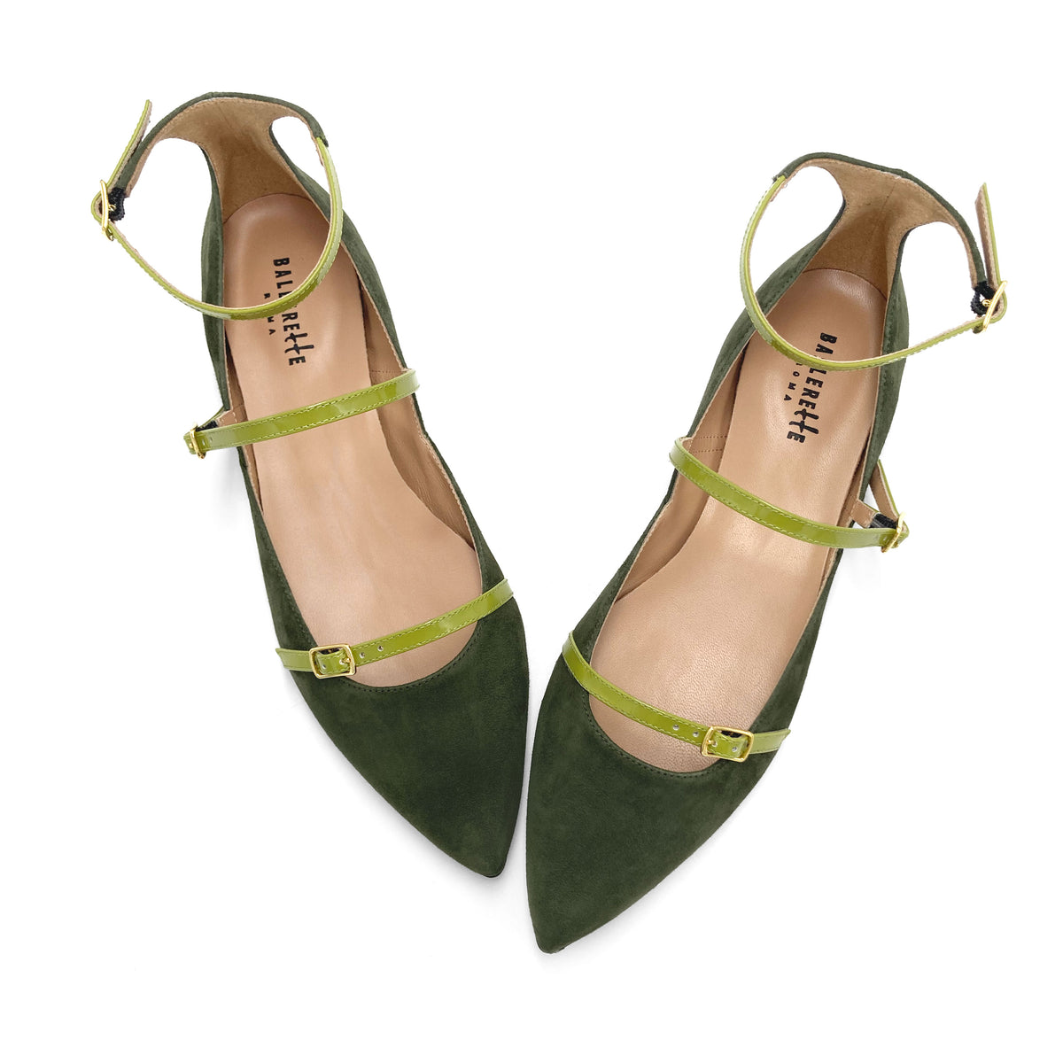 Ballerine a punta verde oliva in camoscio con cinturini lime