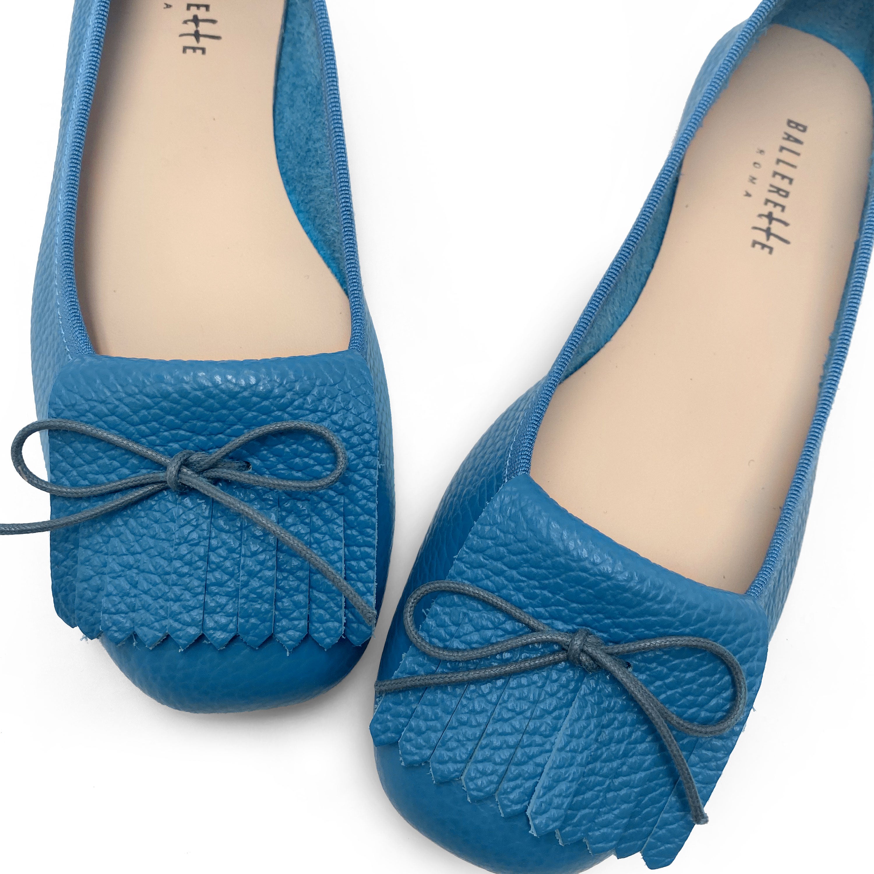 Mocassins femme en cuir bleu céruléen à franges 
