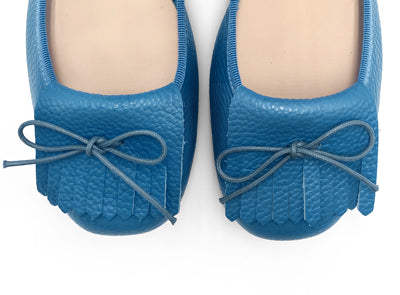Cerulean leather moccasin with fringe