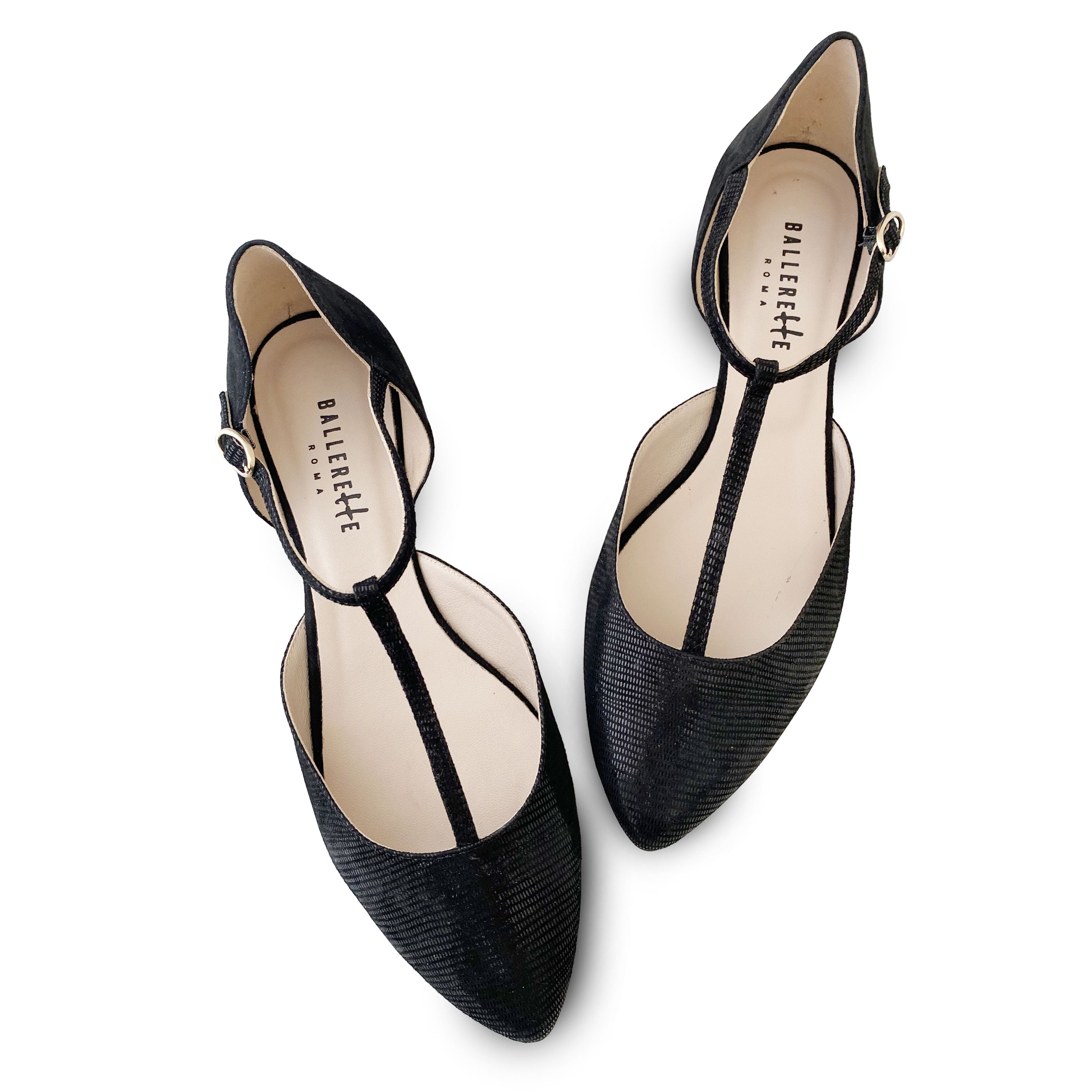 Ballerine t-bar nere in camoscio laminato