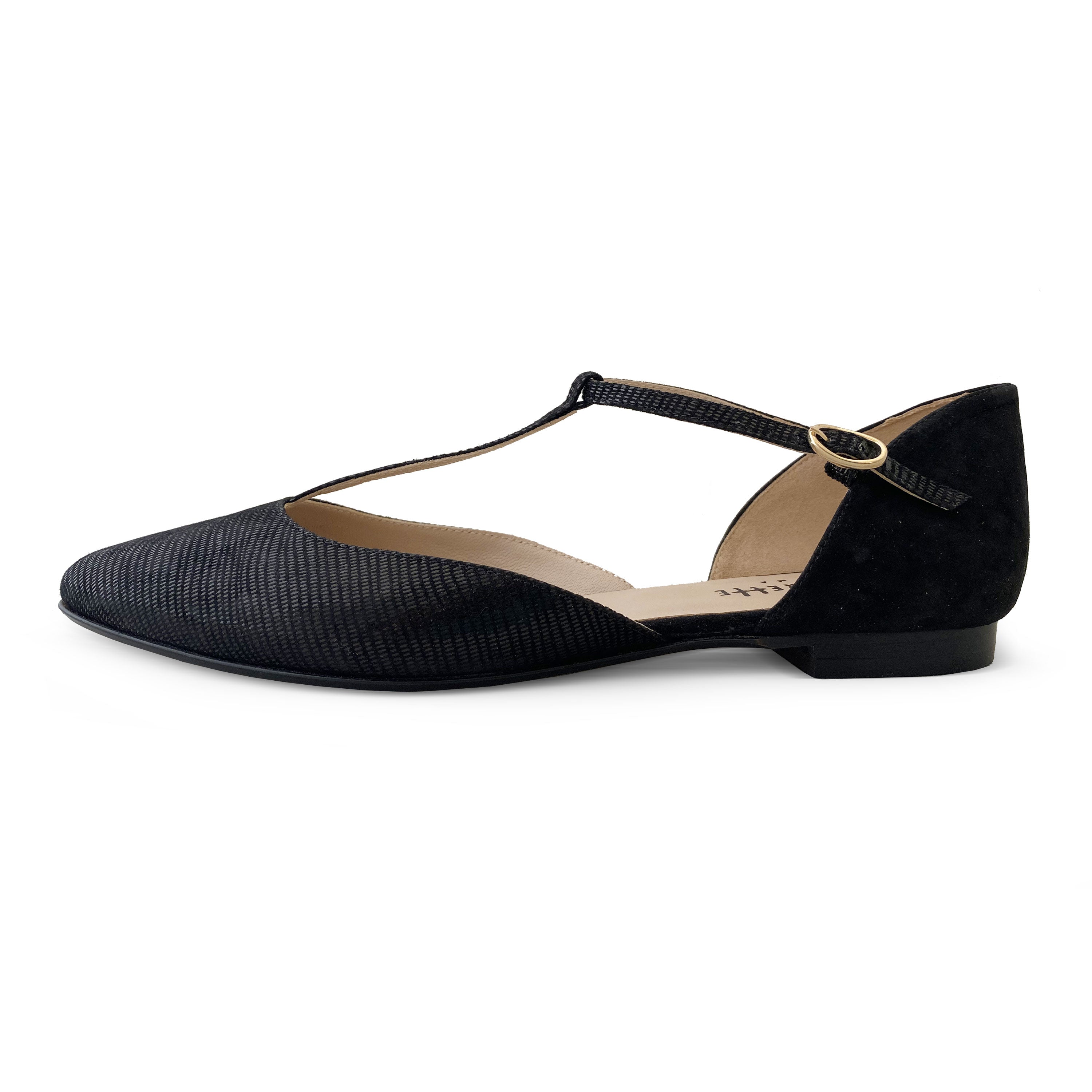 Ballerine t-bar nere in camoscio laminato