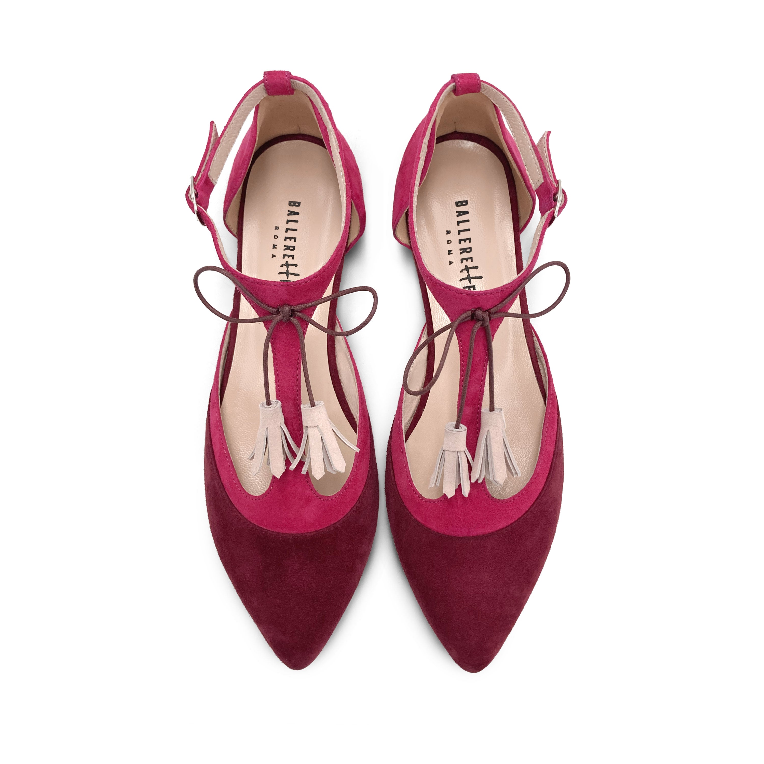 T-Steg-Ballerinas aus bordeauxrotem und fuchsiafarbenem Wildleder