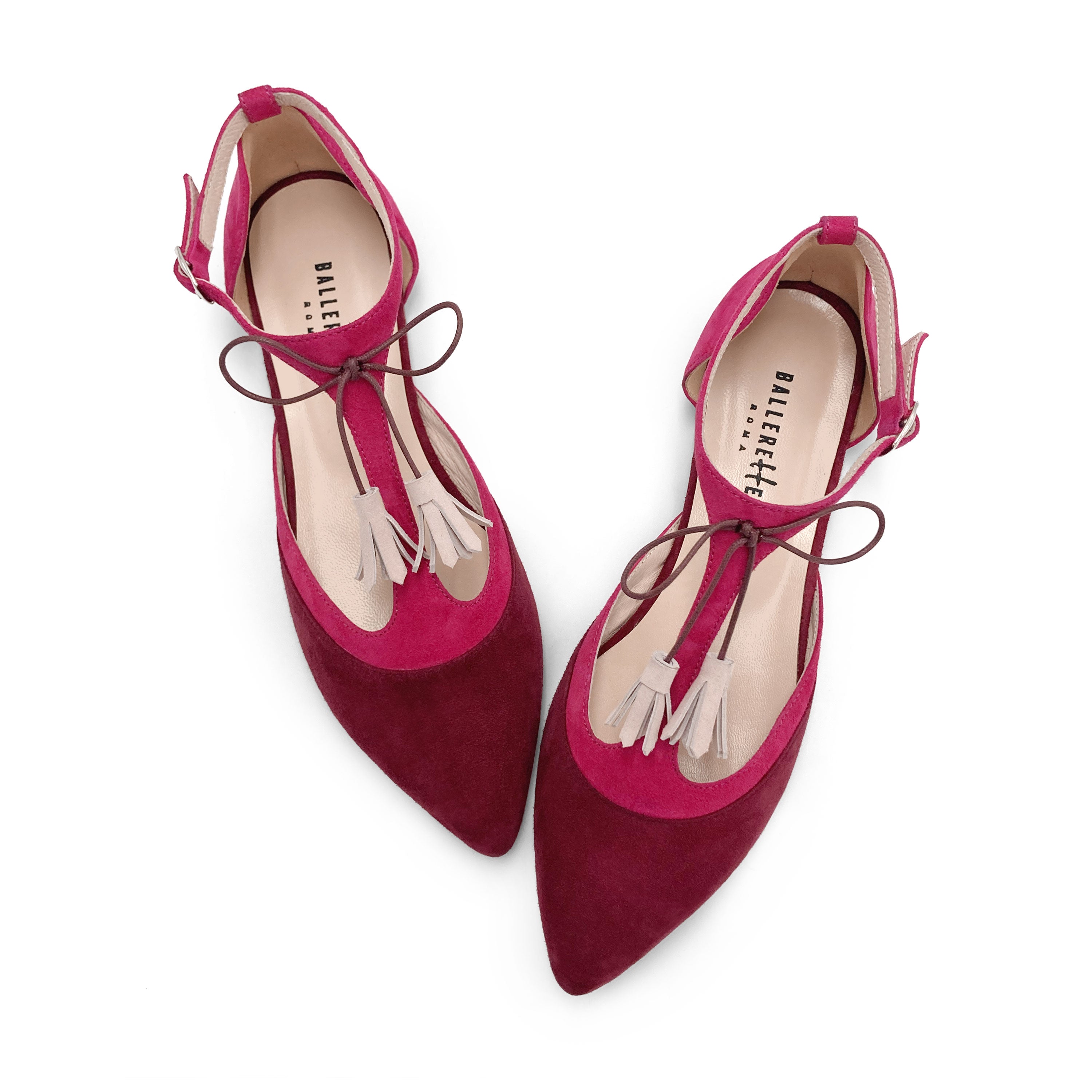 T-Steg-Ballerinas aus bordeauxrotem und fuchsiafarbenem Wildleder