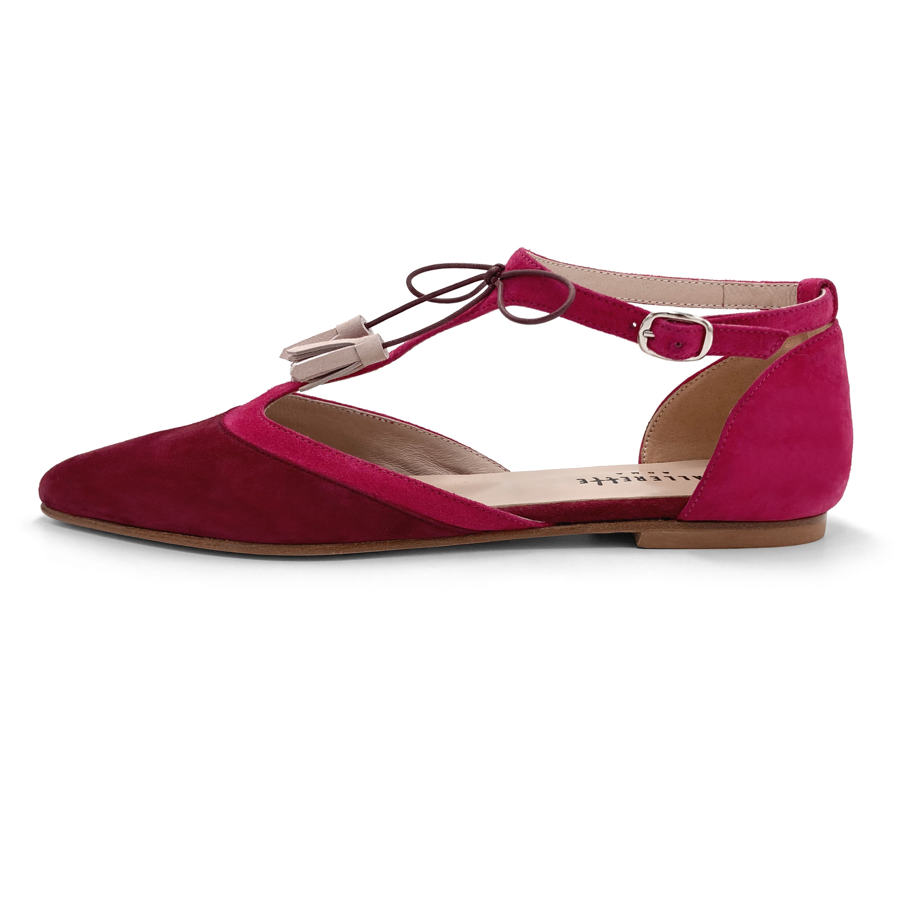 T-Steg-Ballerinas aus bordeauxrotem und fuchsiafarbenem Wildleder