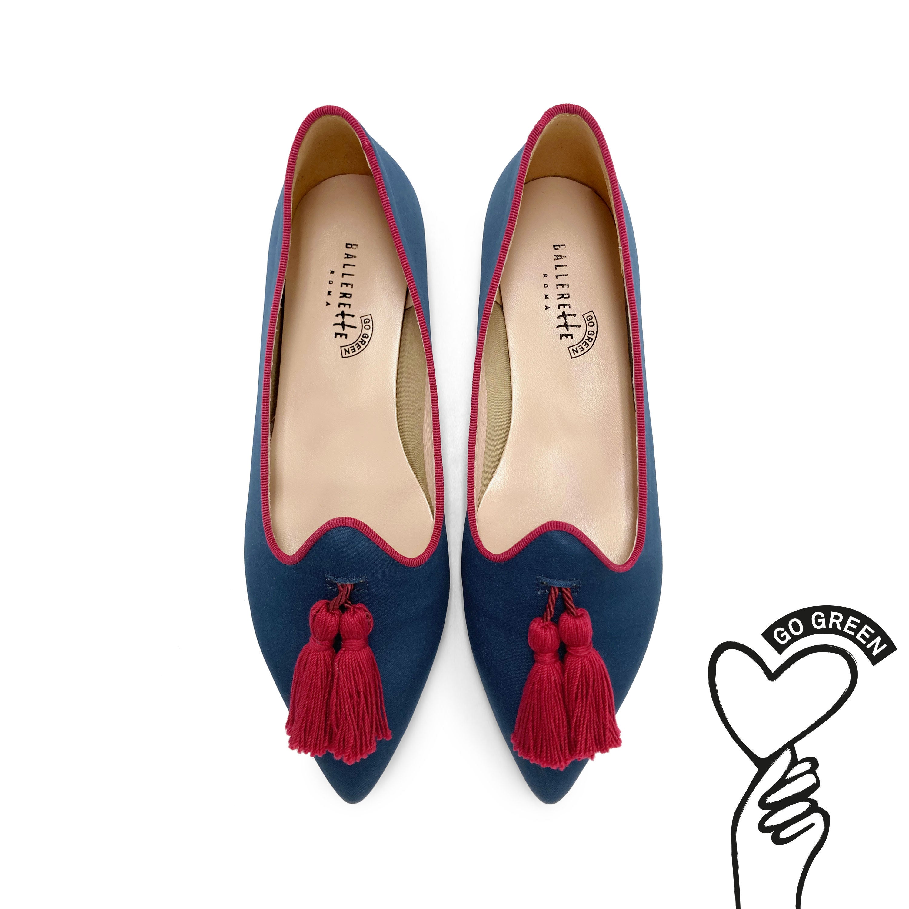 TT Go Green Collection - Mocassini donna blu in raso eco e nappine bordeaux
