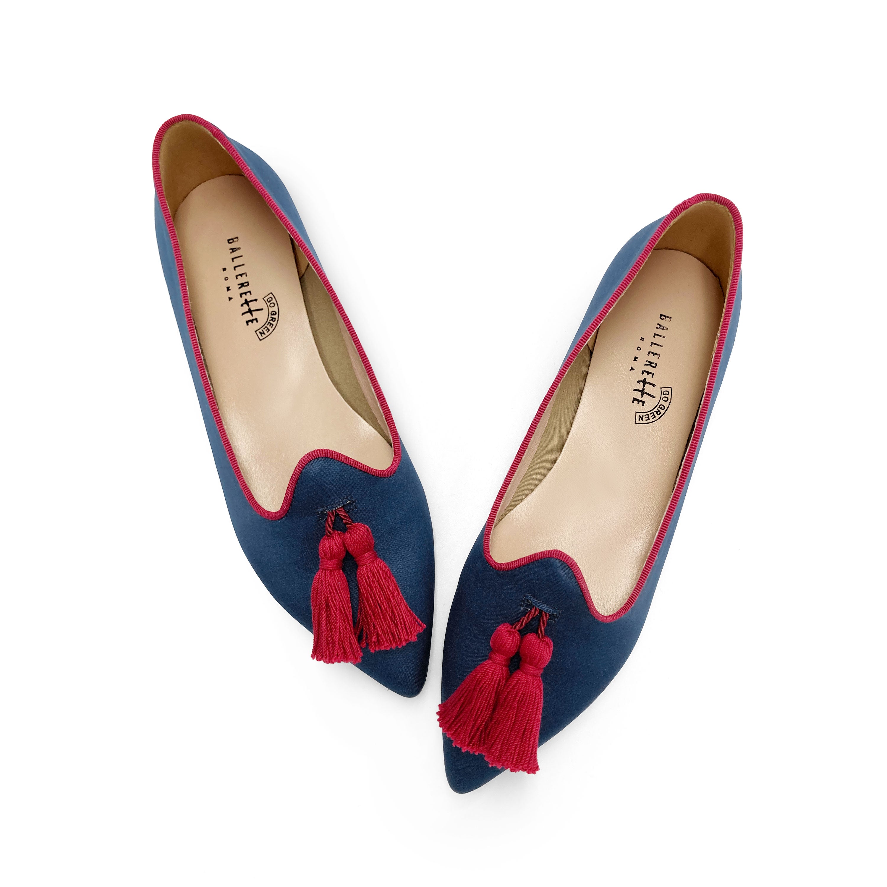 TT Go Green Collection - Mocassini donna blu in raso eco e nappine bordeaux