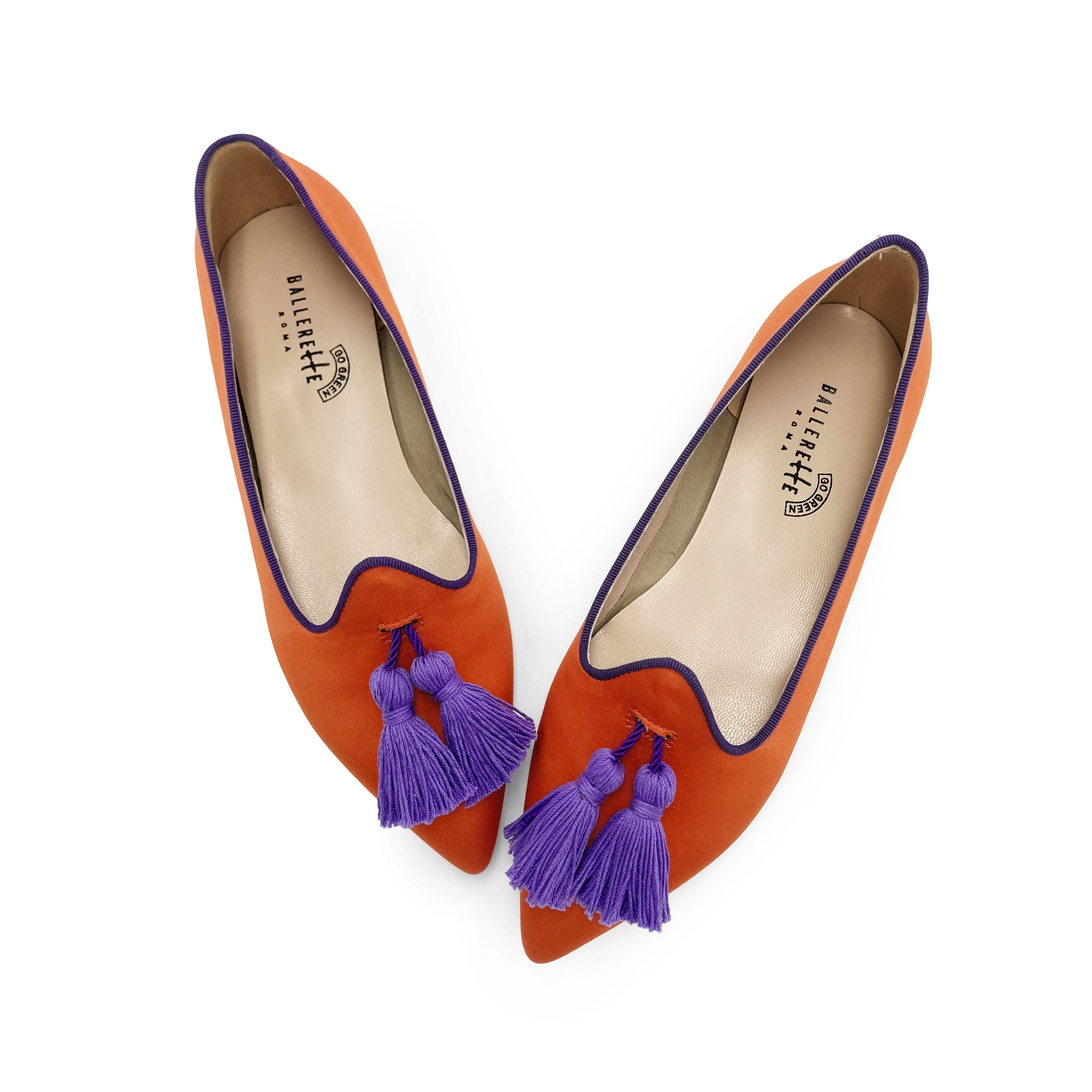 TT Go Green Collection - Mocassini donna arancio in raso eco e nappine viola