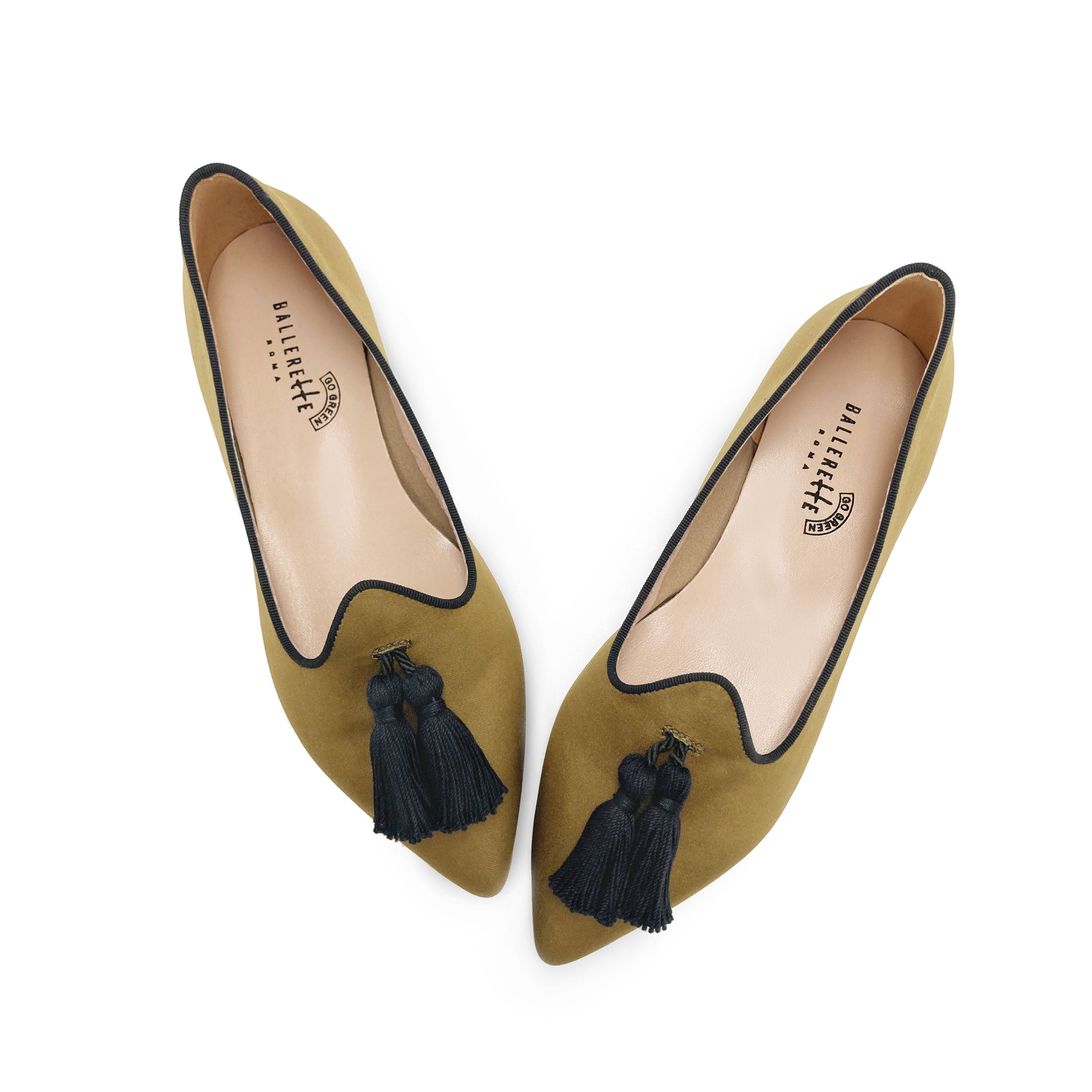 TT Go Green Collection - Mocassini donna mostarda in raso eco e nappine nere