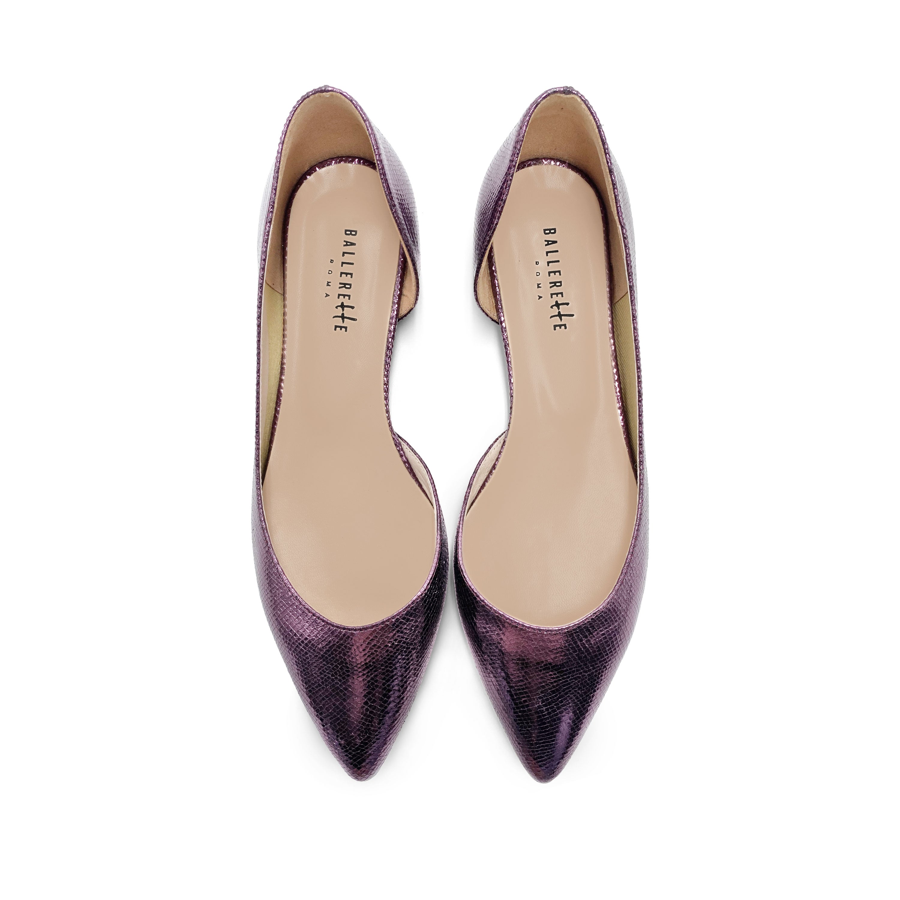 Ballerines violettes à bout pointu et ouvert effet laminé