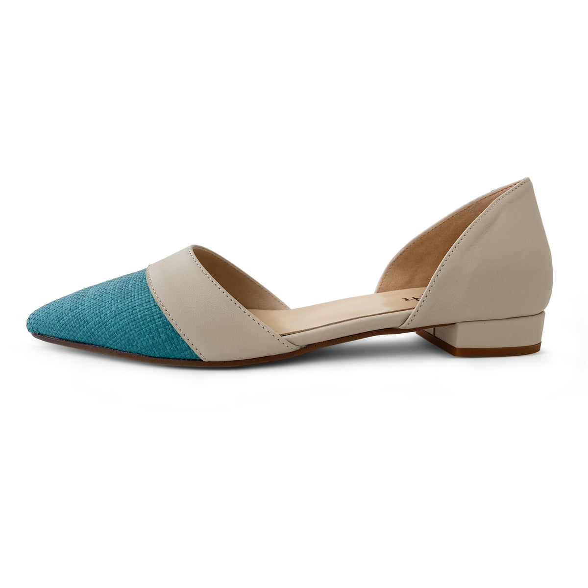 Ballerine d'Orsay in juta petrolio e dettagli beige