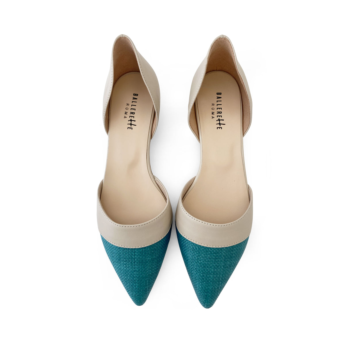 Ballerine d'Orsay in juta petrolio e dettagli beige