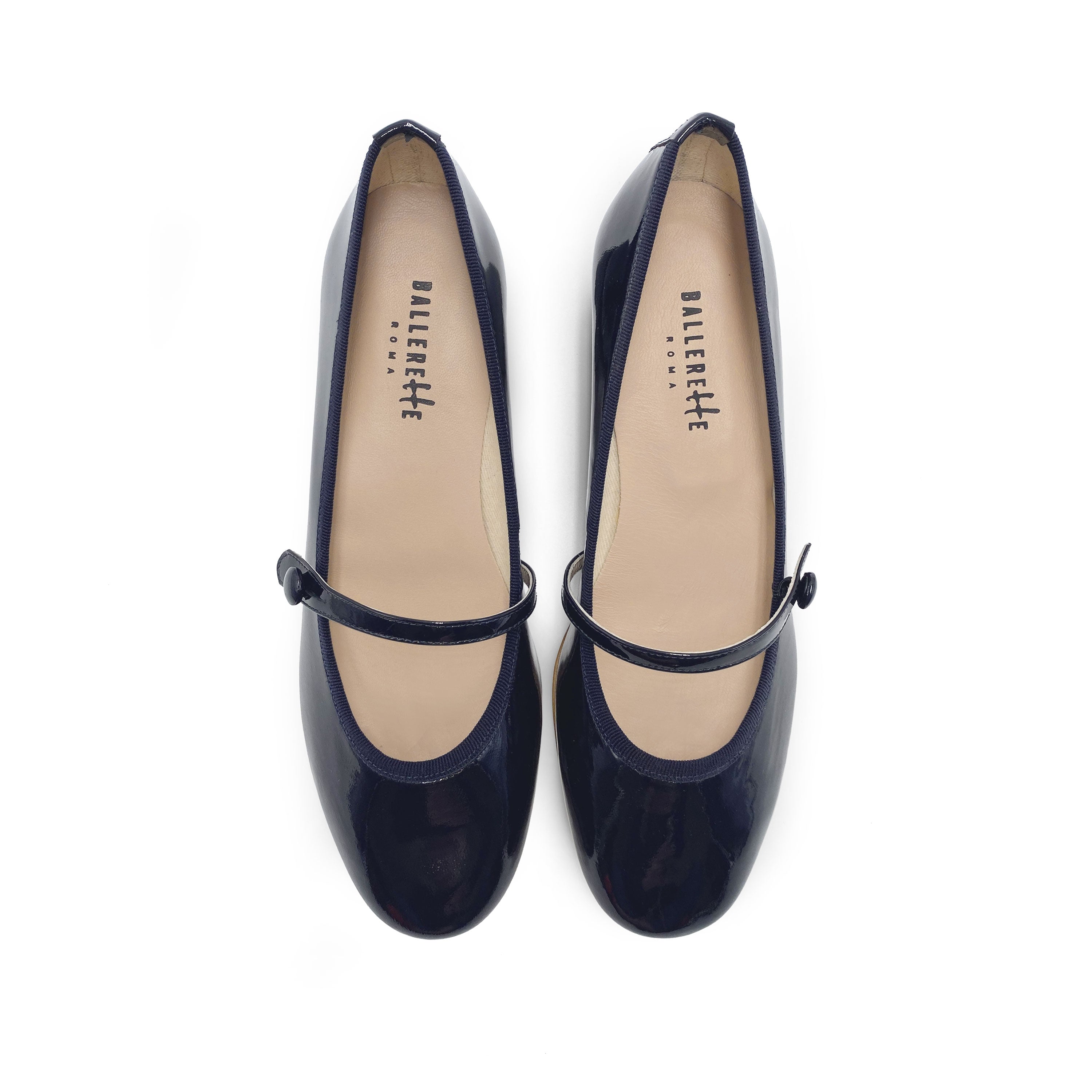 Ballerine Mary Jane blu in vernice con cinturino e tacco