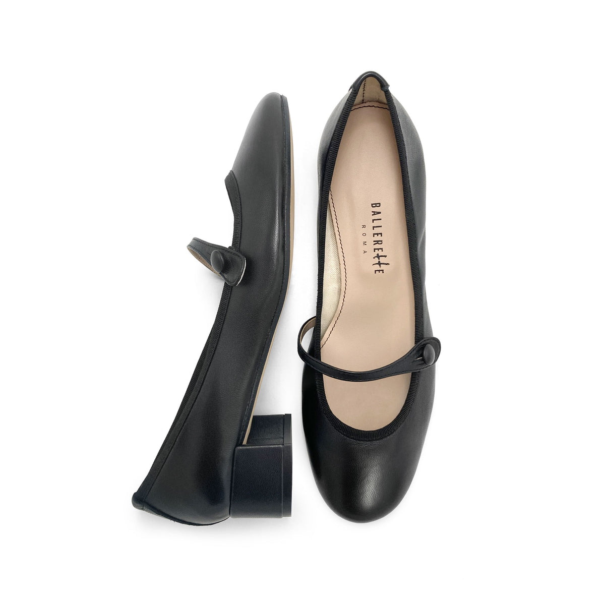 Schwarze Mary-Jane-Ballerinas aus Leder mit Riemchen und Absatz