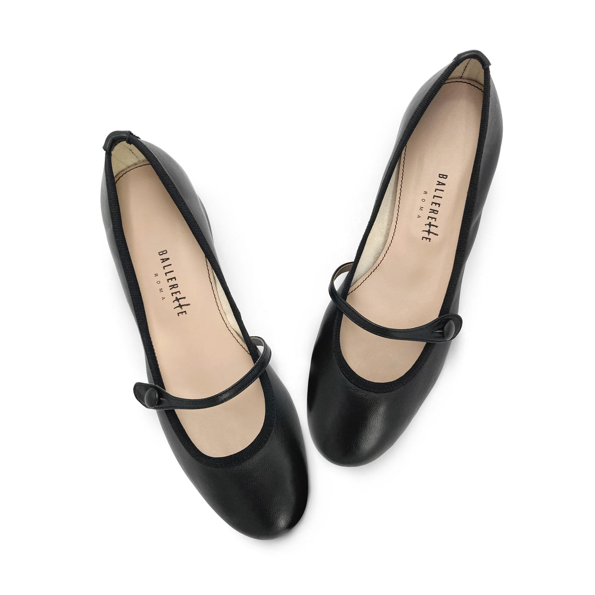 Schwarze Mary-Jane-Ballerinas aus Leder mit Riemchen und Absatz