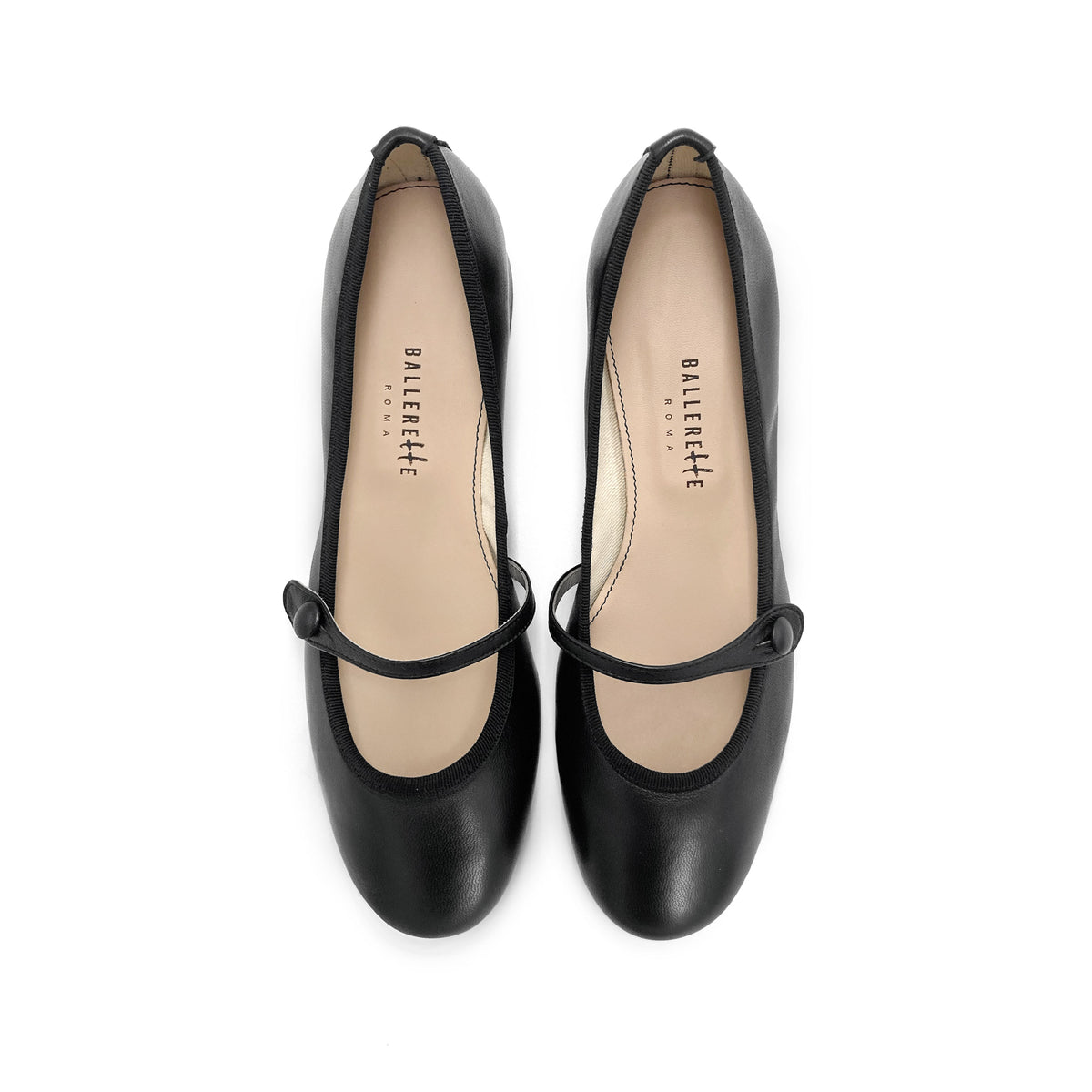 Schwarze Mary-Jane-Ballerinas aus Leder mit Riemchen und Absatz