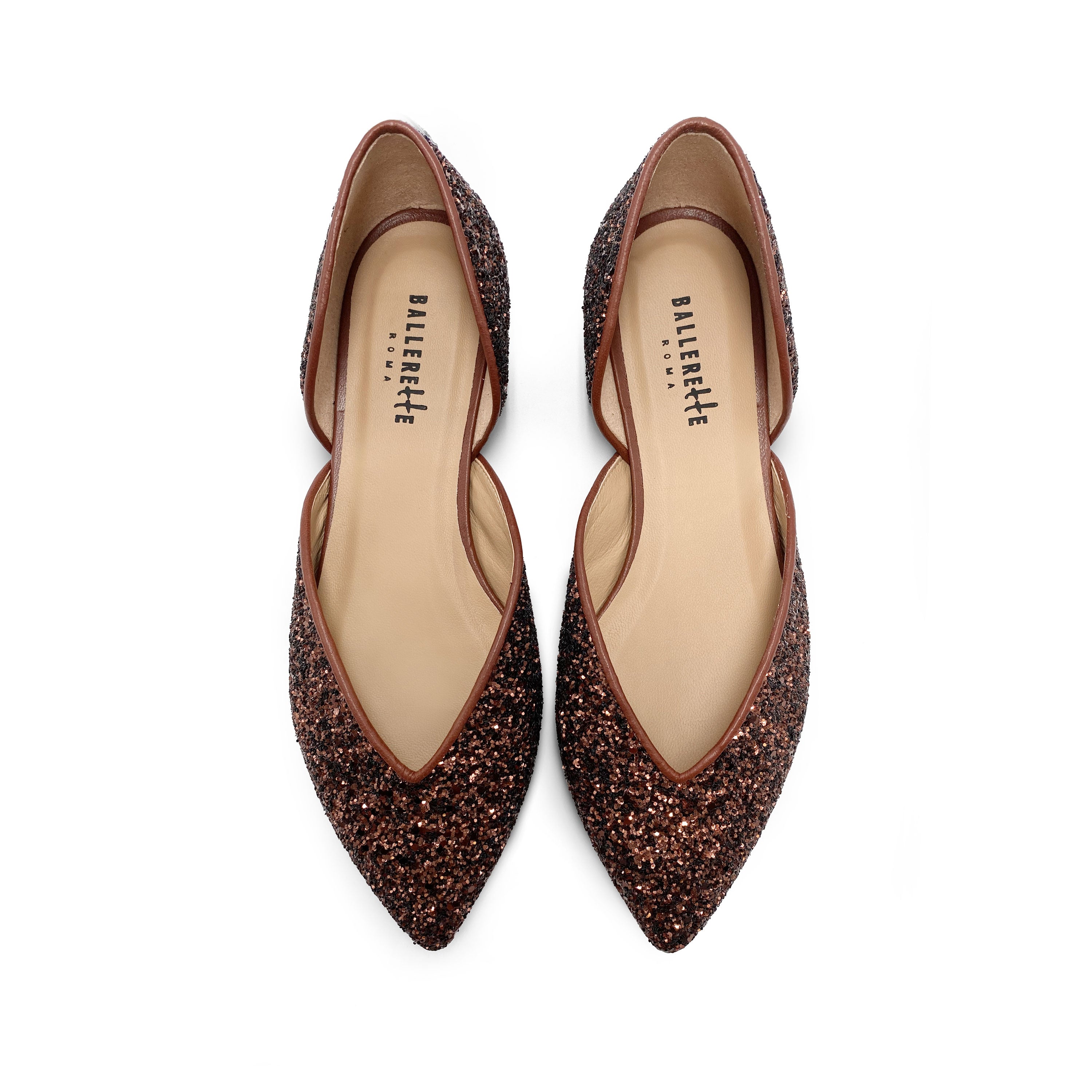 Open ballet flats in bronze glitter