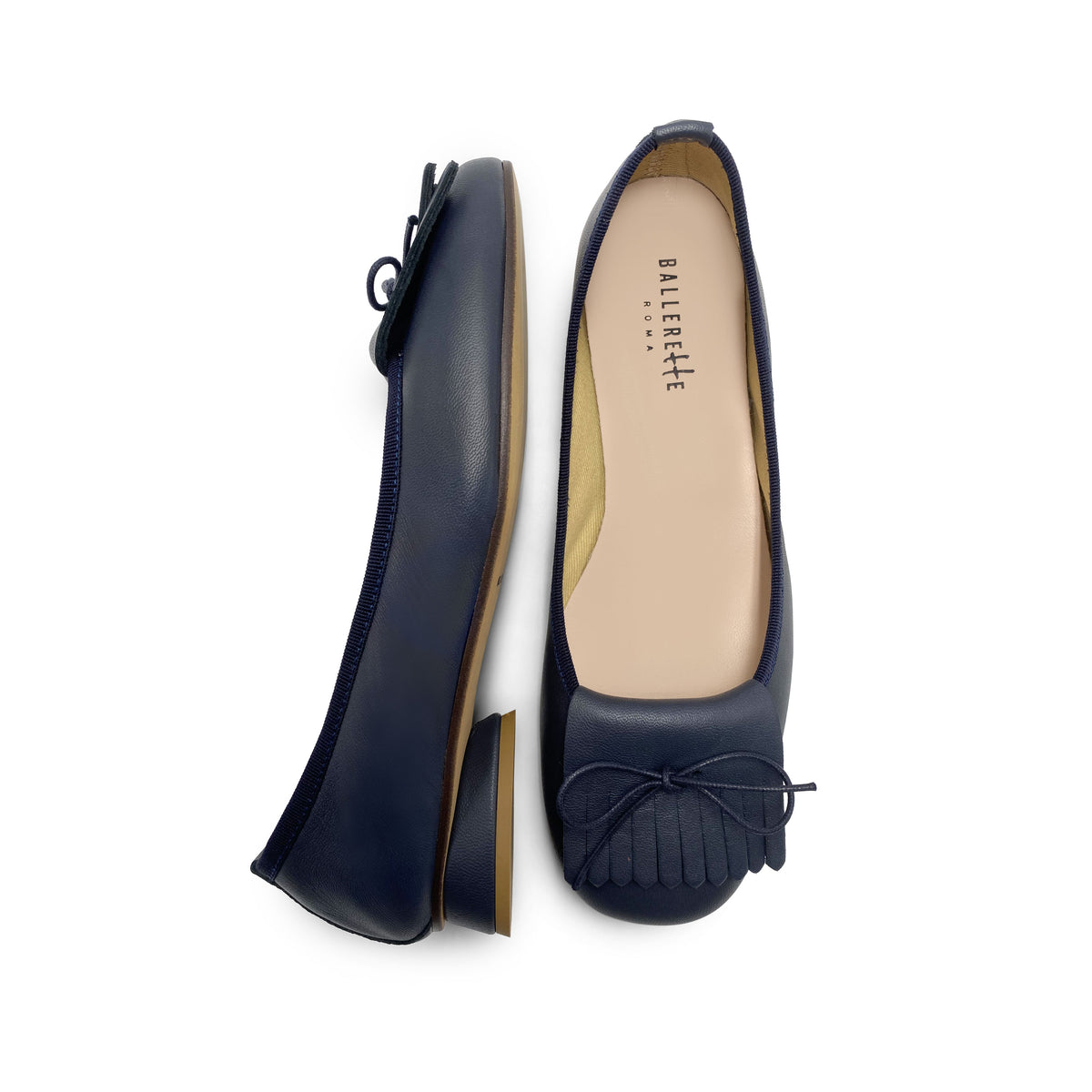 Blaue Leder-Slipper mit Absatz und Fransen