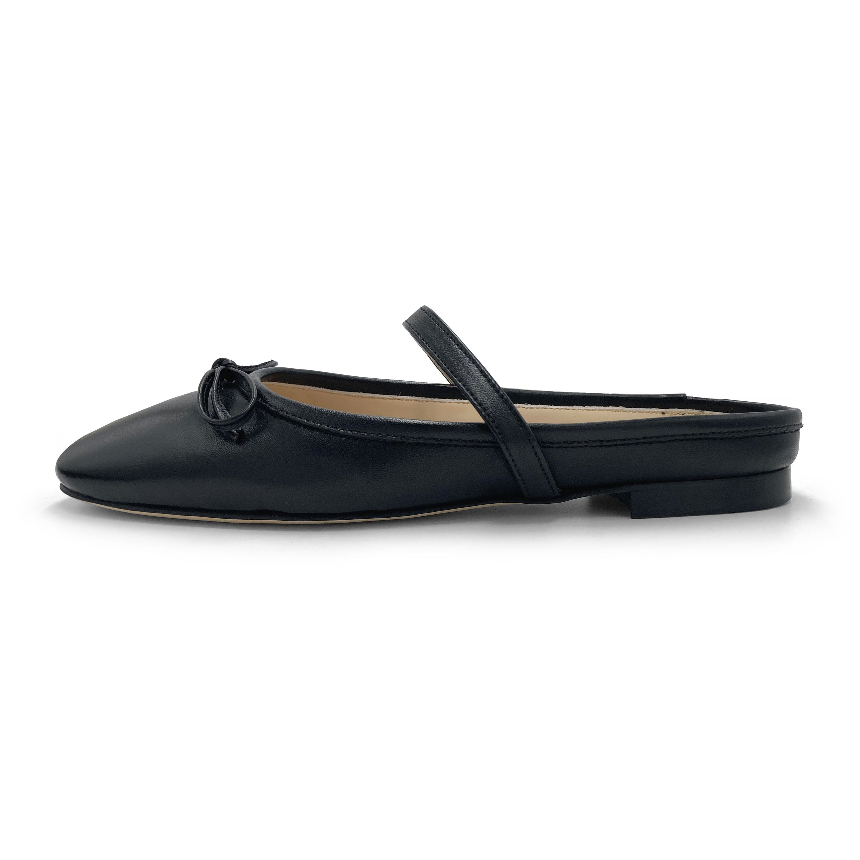 Black leather mule ballet flats with handcrafted sacchetto construction
